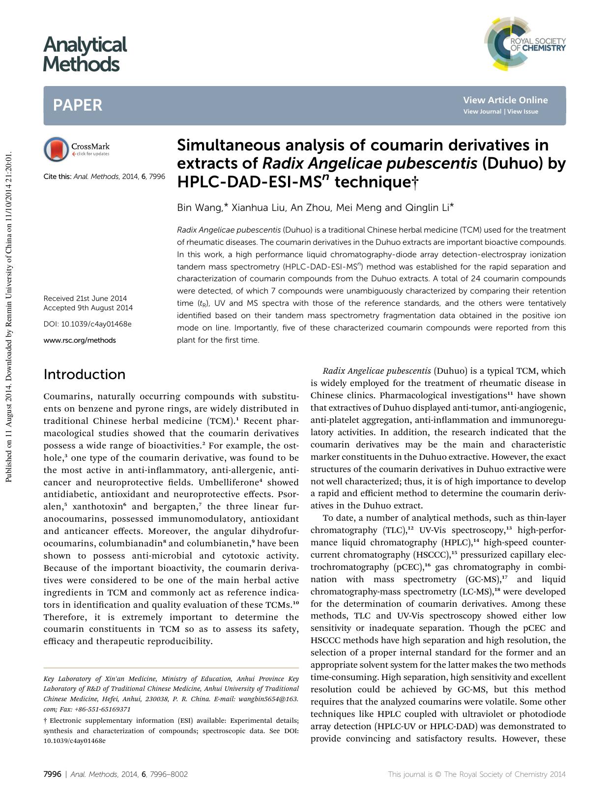 Simultaneous analysis of coumarin derivatives in extracts of Radix Angelicae pubescentis (Duhuo) by HPLC-DAD-ESI-MSn technique by Bin Wang & Xianhua Liu & An Zhou & Mei Meng & Qinglin Li