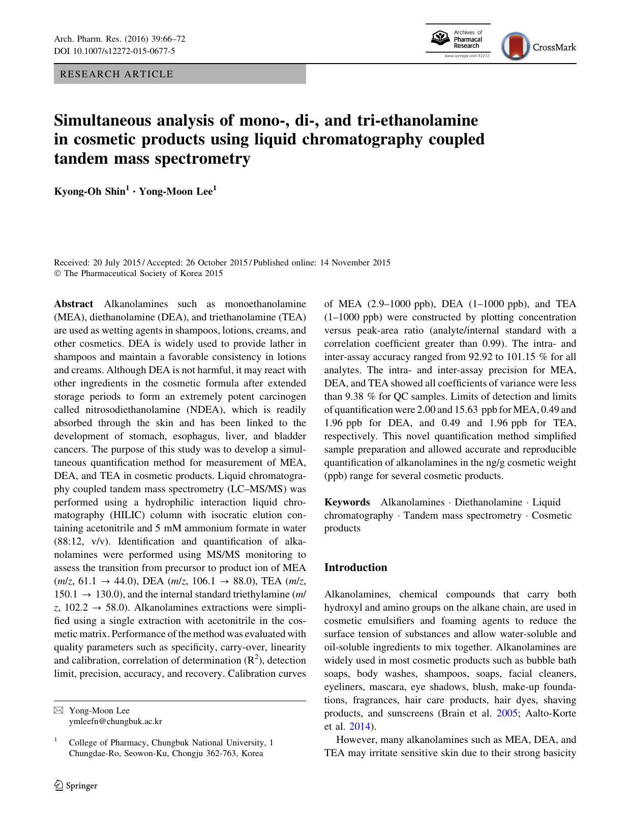 Simultaneous analysis of mono-, di-, and tri-ethanolamine in cosmetic products using liquid chromatography coupled tandem mass spectrometry by Kyong-Oh Shin & Yong-Moon Lee