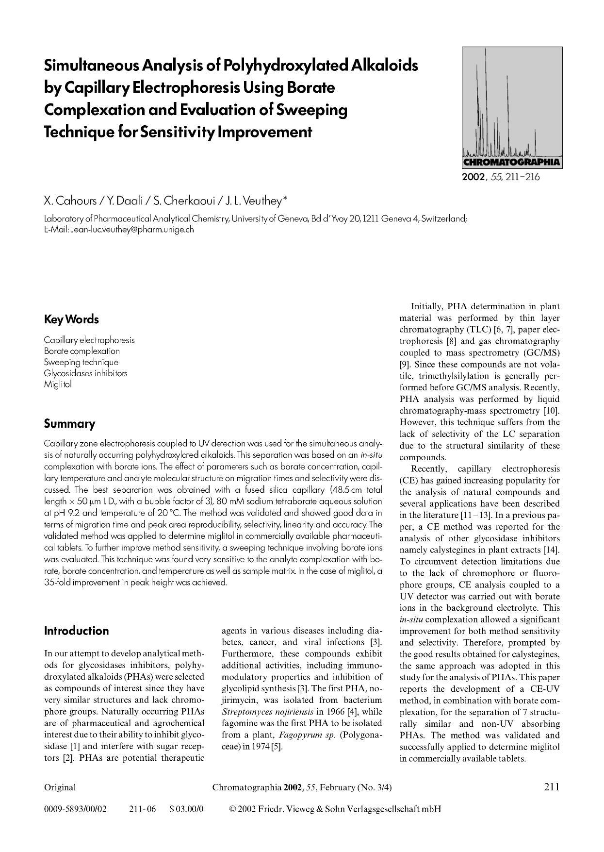 Simultaneous analysis of polyhydroxylated alkaloids by capillary electrophoresis using borate complexation and evaluation of sweeping technique for sensitivity improvement by Unknown