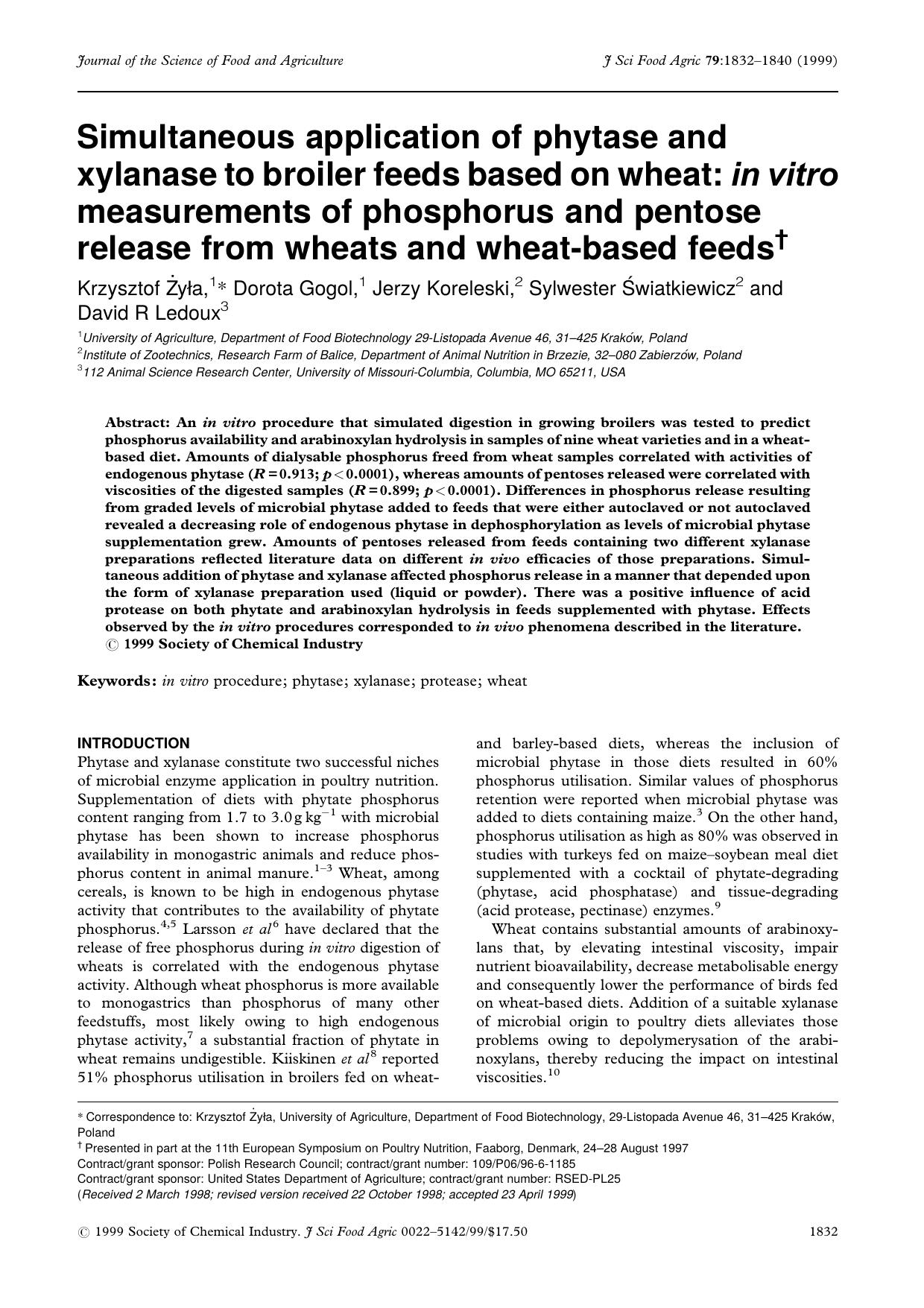 Simultaneous application of phytase and xylanase to broiler feeds based on wheat: in vitro measurements of phosphorus and pentose release from wheats and wheat-based feeds by Unknown