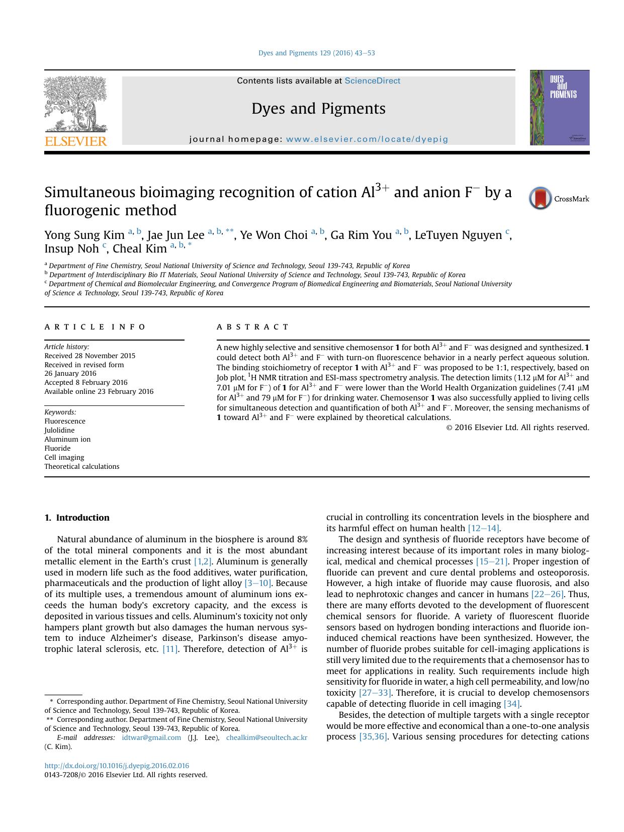 Simultaneous bioimaging recognition of cation Al3+ and anion F- by a fluorogenic method by Yong Sung Kim & Jae Jun Lee & Ye Won Choi & Ga Rim You & LeTuyen Nguyen & Insup Noh & Cheal Kim