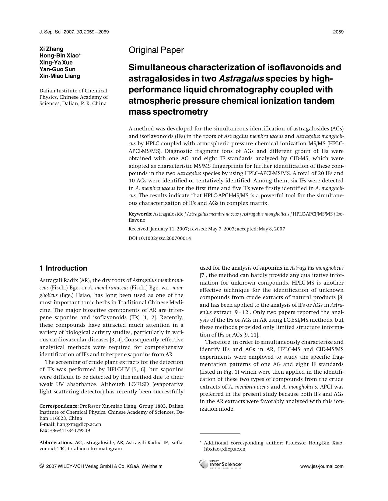 Simultaneous characterization of isoflavonoids and astragalosides in two Astragalus species by high-performance liquid chromatography coupled with atmospheric pressure chemical ion by Unknown