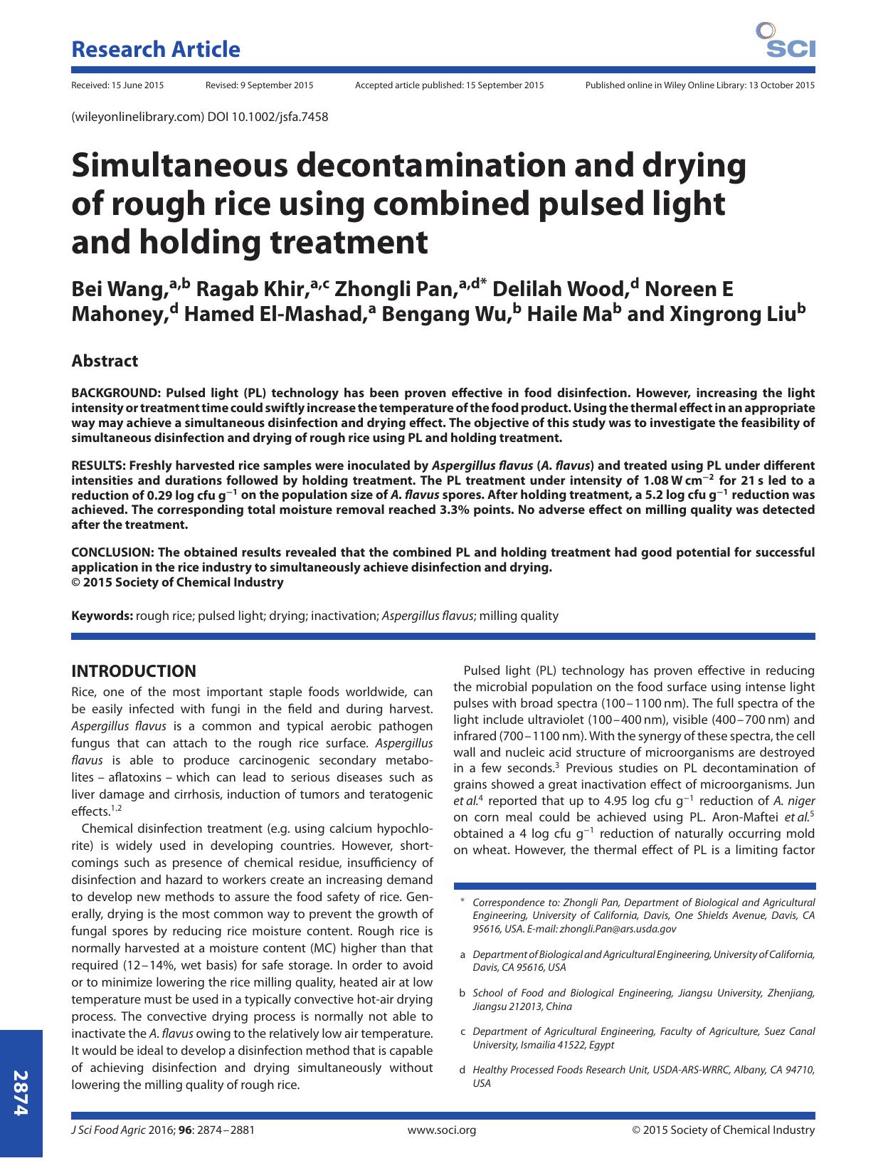 Simultaneous decontamination and drying of rough rice using combined pulsed light and holding treatment by Unknown