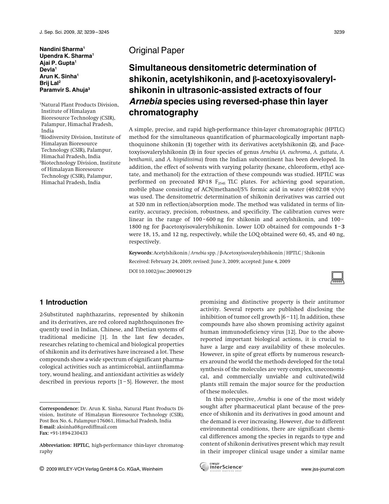 Simultaneous densitometric determination of shikonin, acetylshikonin, and [beta]-acetoxyisovaleryl-shikonin in ultrasonic-assisted extracts of four Arnebia species using reversed-p by Unknown