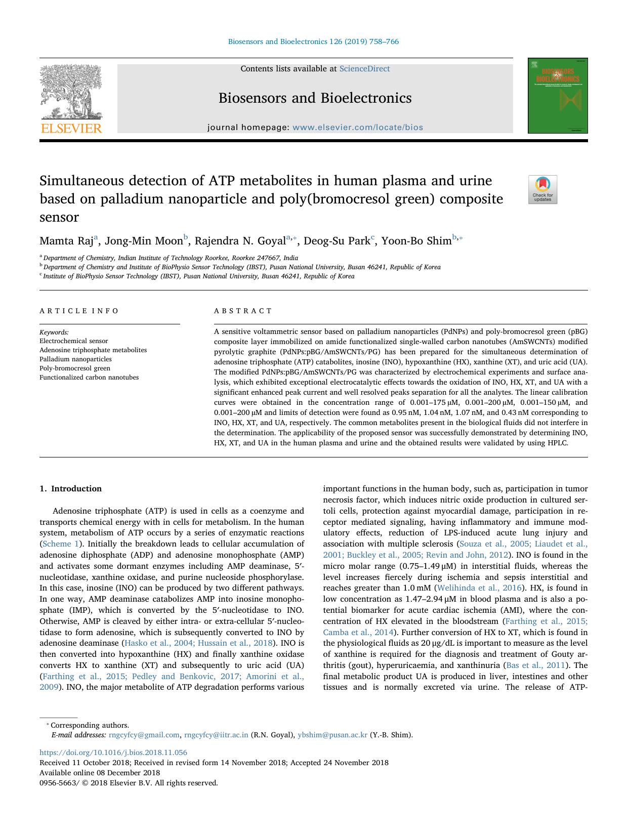 Simultaneous detection of ATP metabolites in human plasma and urine based on palladium nanoparticle and poly(bromocresol green) composite sensor by Mamta Raj & Jong-Min Moon & Rajendra N. Goyal & Deog-Su Park & Yoon-Bo Shim