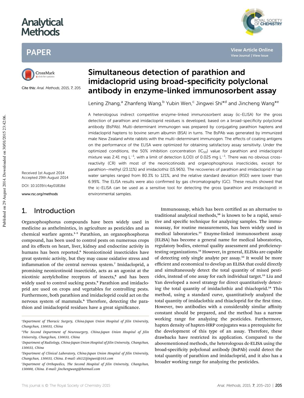 Simultaneous detection of parathion and imidacloprid using broad-specificity polyclonal antibody in enzyme-linked immunosorbent assay by Lening Zhang & Zhanfeng Wang & Yubin Wen & Jingwei Shi & Jincheng Wang