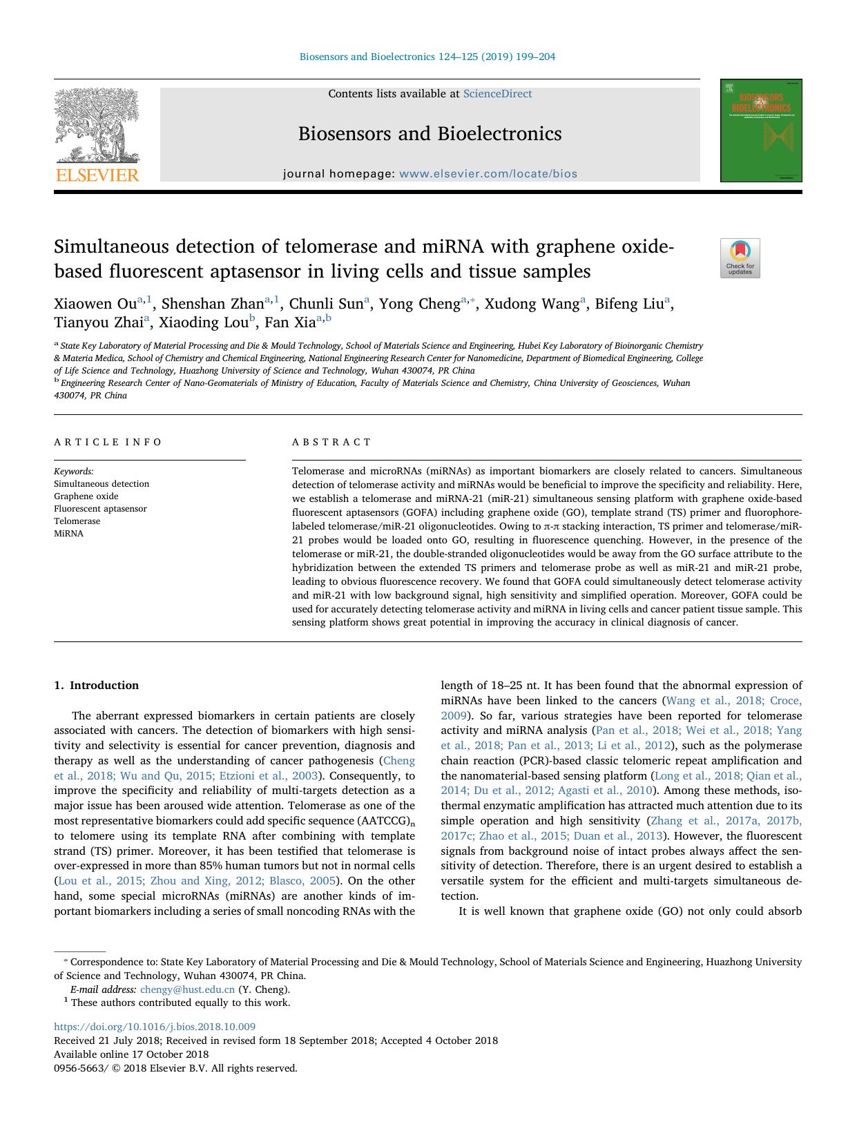 Simultaneous detection of telomerase and miRNA with graphene oxide-based fluorescent aptasensor in living cells and tissue samples by unknow