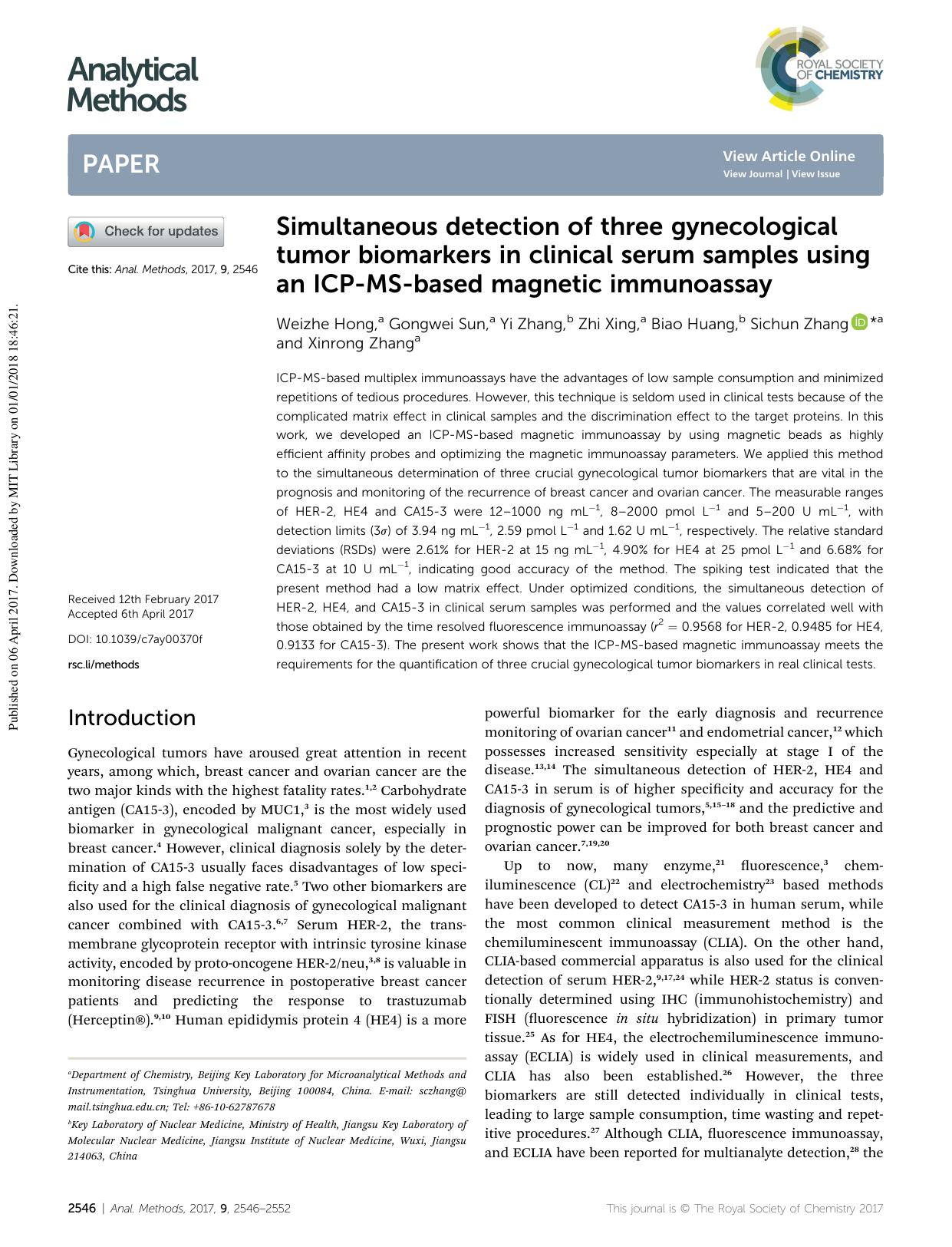 Simultaneous detection of three gynecological tumor biomarkers in clinical serum samples using an ICP-MS-based magnetic immunoassay by Weizhe Hong & Gongwei Sun & Yi Zhang & Zhi Xing & Biao Huang & Sichun Zhang & Xinrong Zhang
