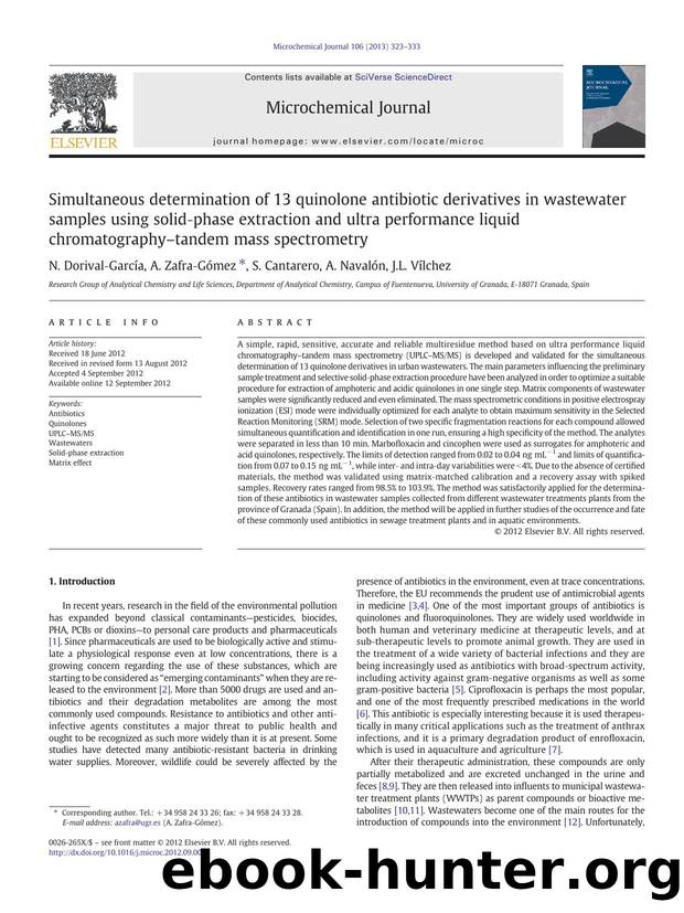 Simultaneous determination of 13 quinolone antibiotic derivatives in wastewater samples using solidâphase extraction and ultra performance liquid chromatographyâtandem mass spectrometry by N. Dorival‐García & A. Zafra‐Gómez & S. Cantarero & A. Navalón & J.L. Vílchez