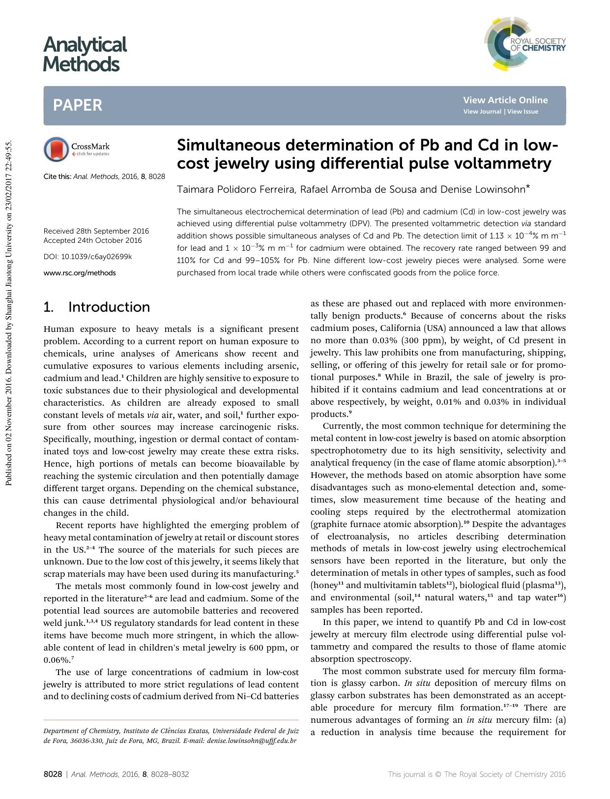 Simultaneous determination of Pb and Cd in low-cost jewelry using differential pulse voltammetry by Taimara Polidoro Ferreira & Rafael Arromba de Sousa & Denise Lowinsohn