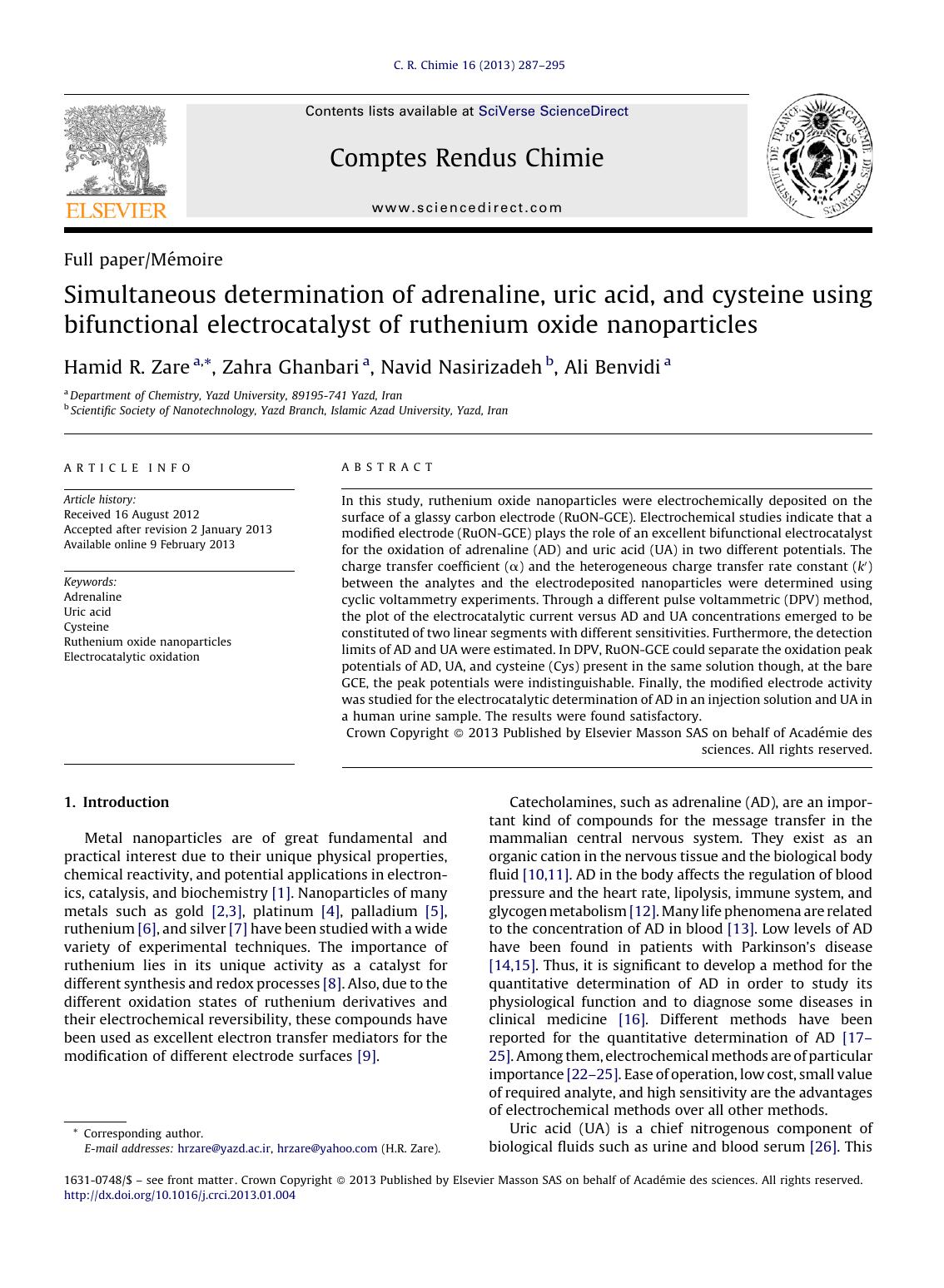 Simultaneous determination of adrenaline, uric acid, and cysteine using bifunctional electrocatalyst of ruthenium oxide nanoparticles by Hamid R. Zare
