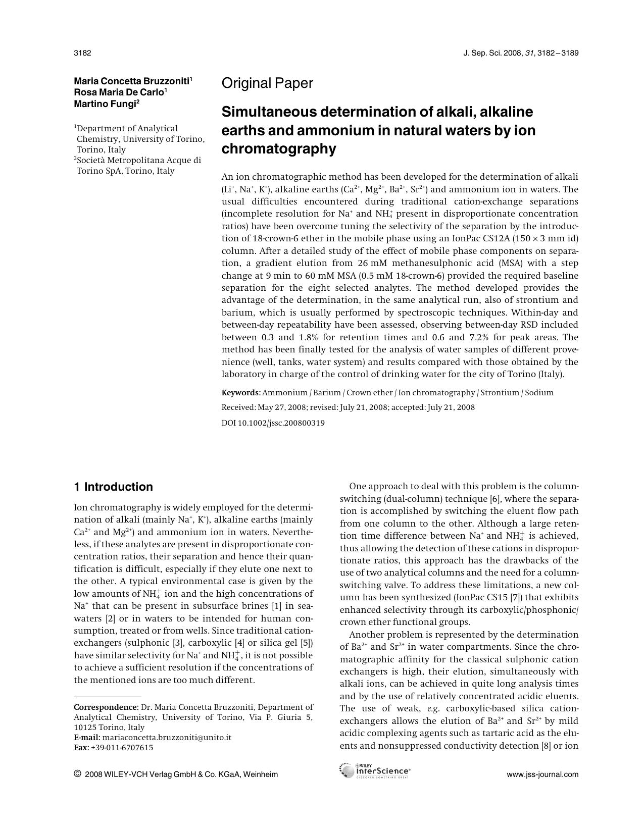 Simultaneous determination of alkali, alkaline earths and ammonium in natural waters by ion chromatography by Unknown
