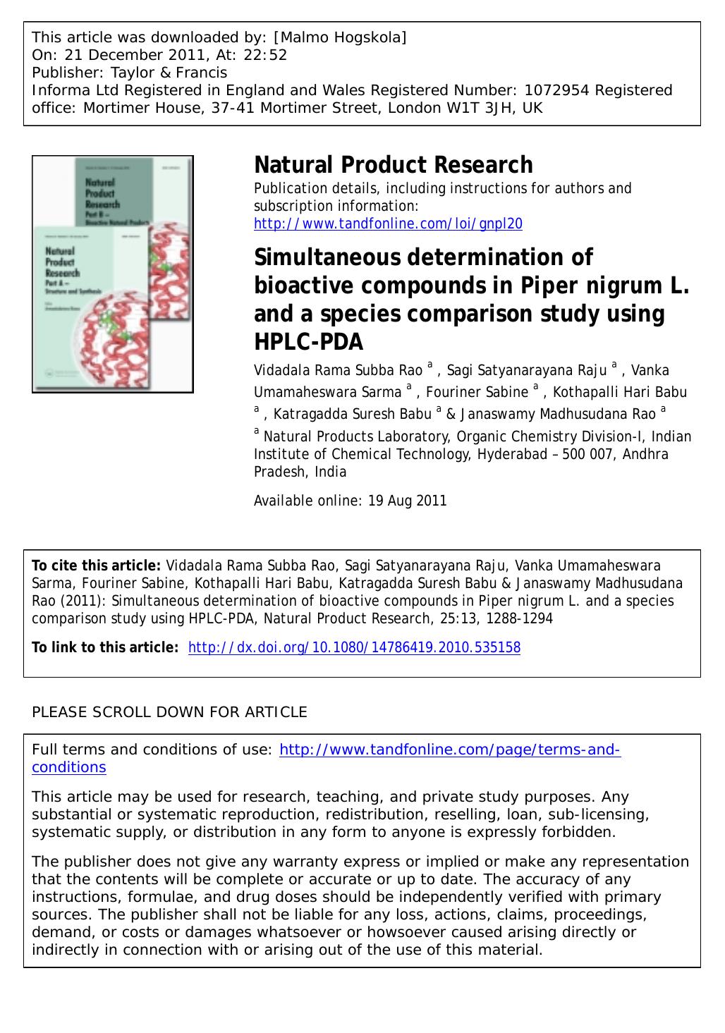 Simultaneous determination of bioactive compounds in Piper nigrum L. and a species comparison study using HPLC-PDA by unknow