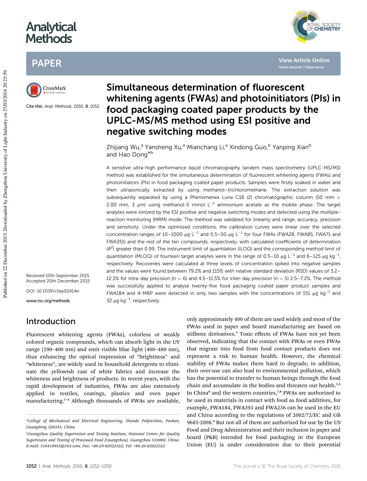Simultaneous determination of fluorescent whitening agents (FWAs) and photoinitiators (PIs) in food packaging coated paper products by the UPLC-MSMS method using ESI positive and n by Zhijiang Wu & Yansheng Xu & Mianchang Li & Xindong Guo & Yanping Xian & Hao Dong