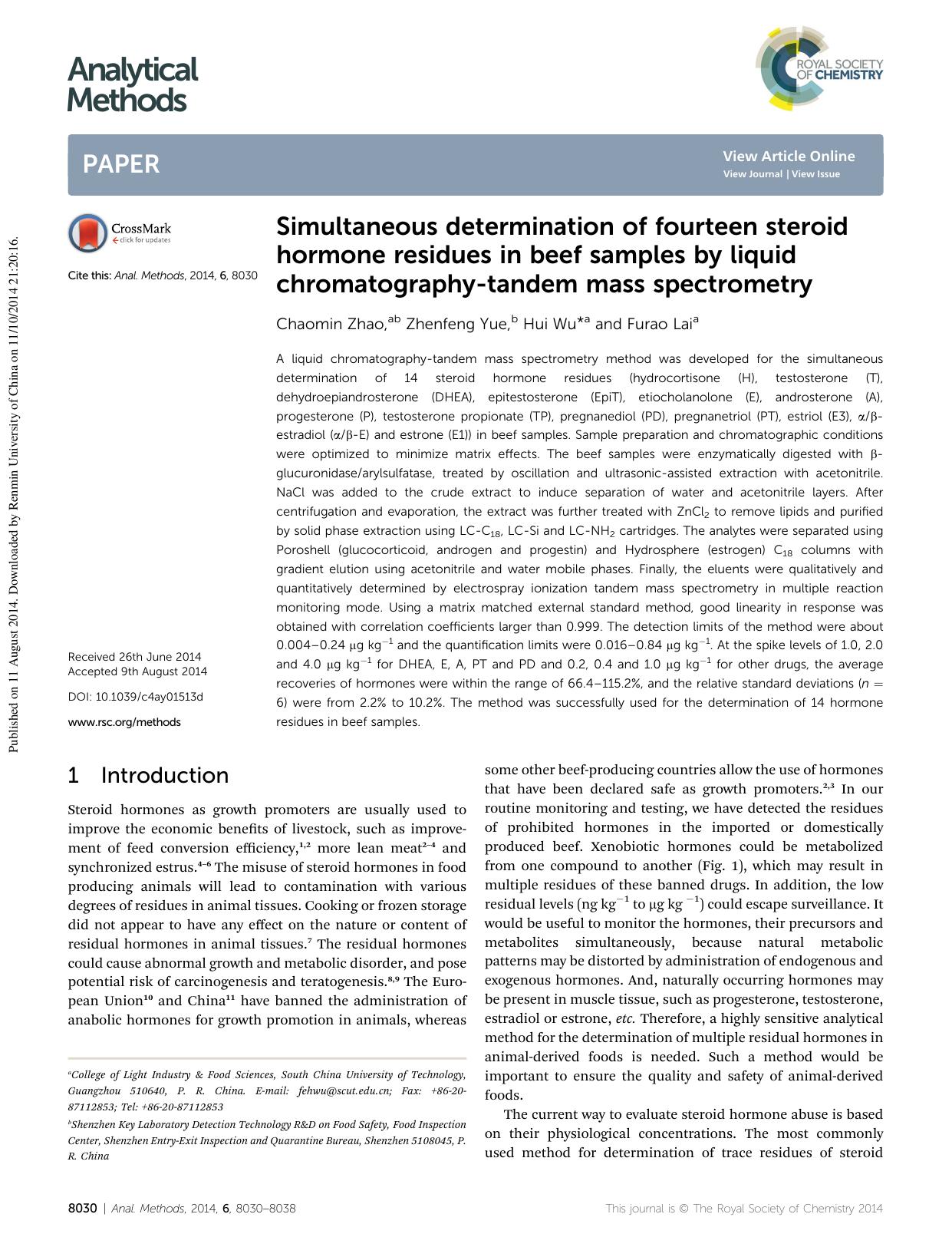 Simultaneous determination of fourteen steroid hormone residues in beef samples by liquid chromatography-tandem mass spectrometry by Chaomin Zhao & Zhenfeng Yue & Hui Wu & Furao Lai