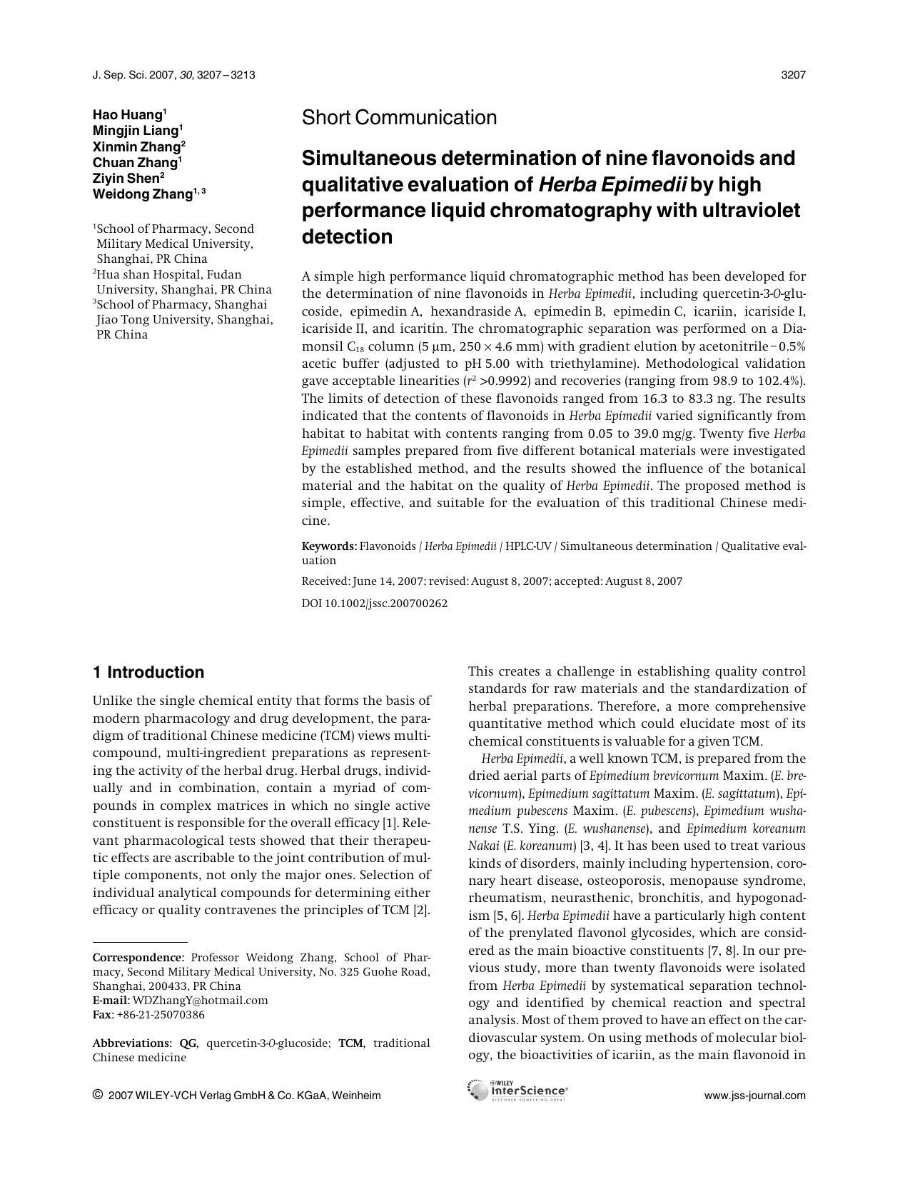 Simultaneous determination of nine flavonoids and qualitative evaluation of Herba Epimedii by high performance liquid chromatography with ultraviolet detection by Unknown