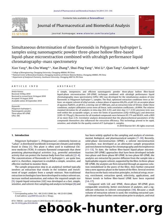 Simultaneous determination of nine flavonoids in Polygonum hydropiper L. samples using nanomagnetic powder three-phase hollow fibre-based liquid-phase microextraction combined with by Xian Yang