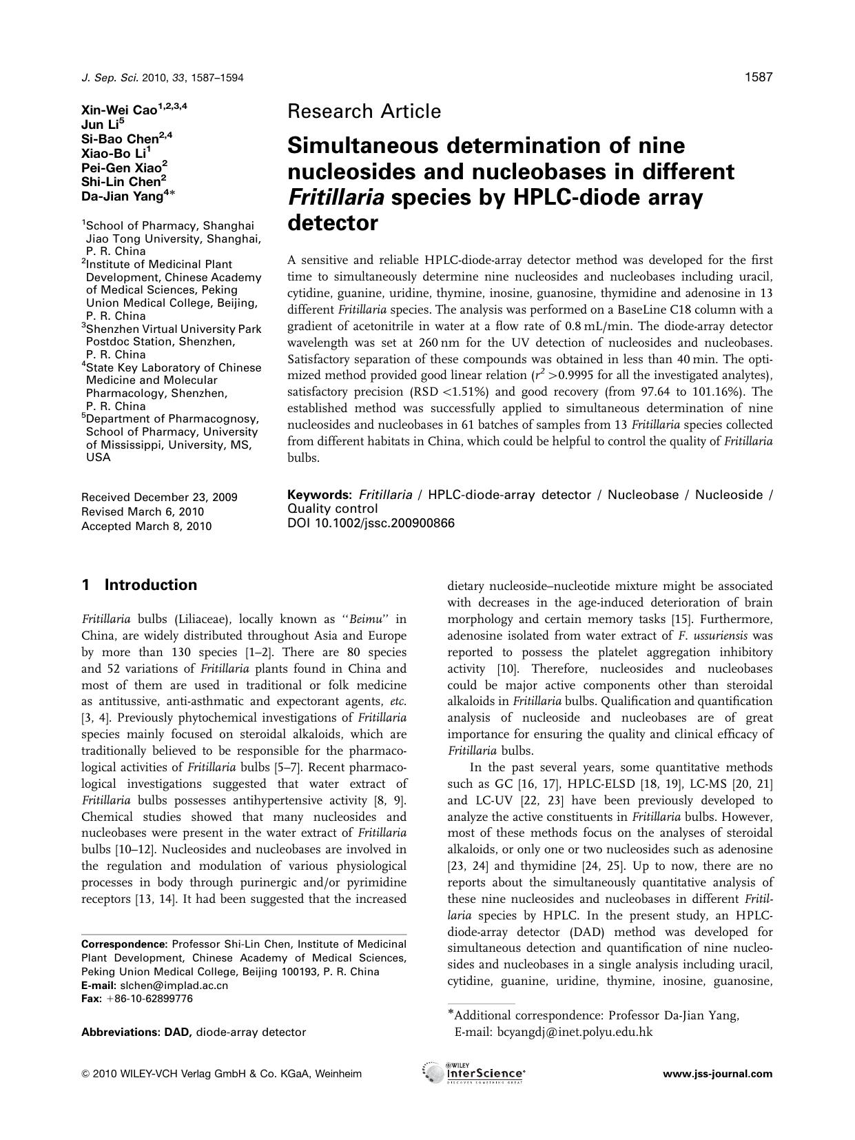 Simultaneous determination of nine nucleosides and nucleobases in different Fritillaria species by HPLC?diode array detector by Unknown