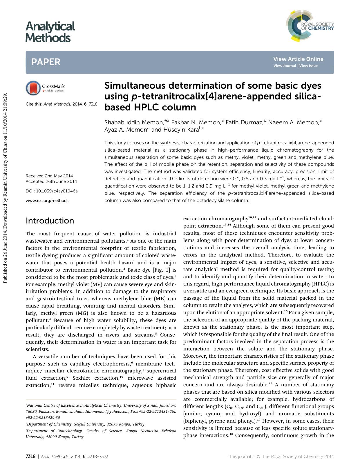 Simultaneous determination of some basic dyes using p-tetranitrocalix[4]arene-appended silica-based HPLC column by Shahabuddin Memon & Fakhar N. Memon & Fatih Durmaz & Naeem A. Memon & Ayaz A. Memon & Hüseyin Kara