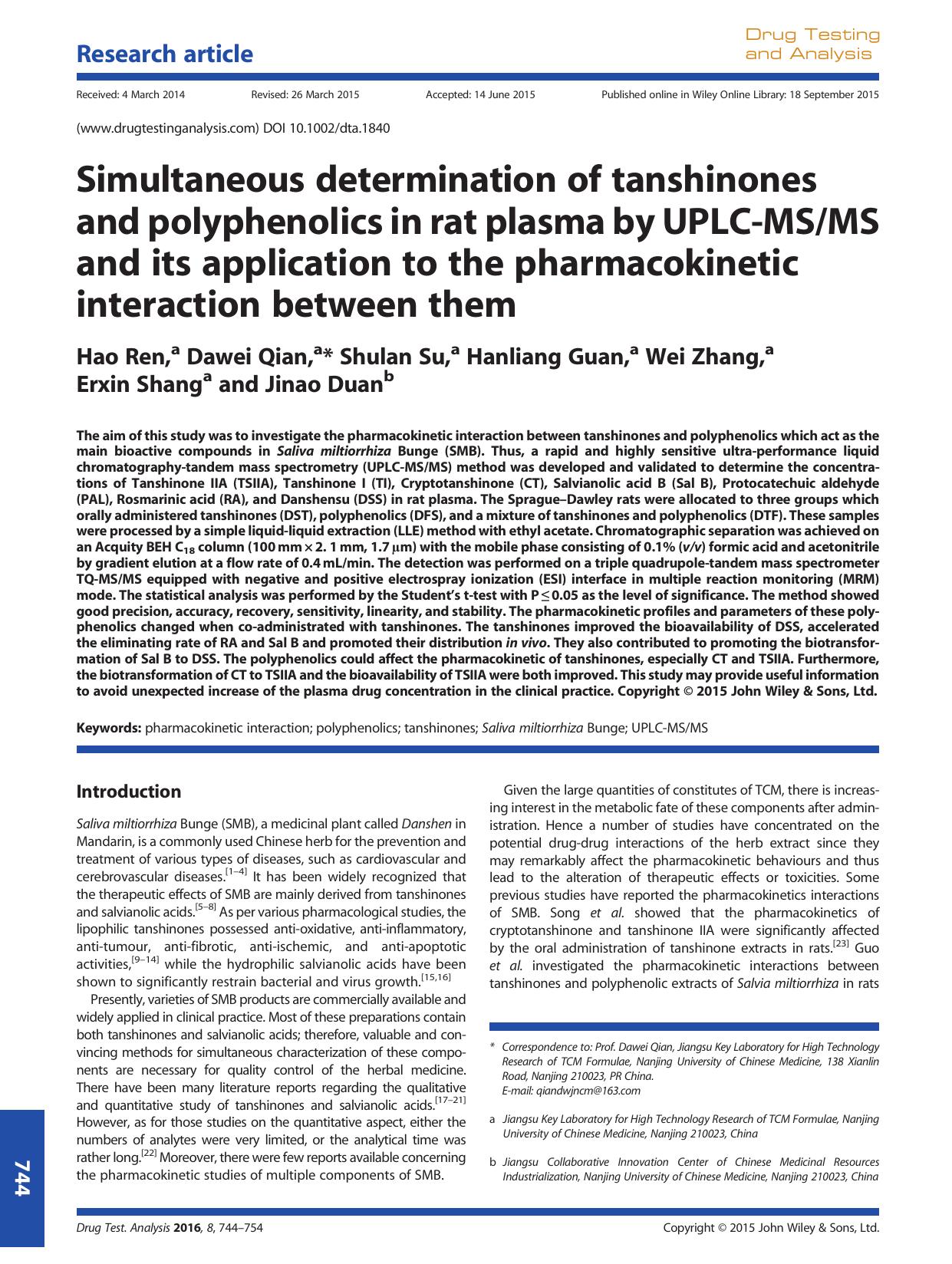 Simultaneous determination of tanshinones and polyphenolics in rat plasma by UPLC-MSMS and its application to the pharmacokinetic interaction between them by Hao Ren & Dawei Qian & Shulan Su & Hanliang Guan & Wei Zhang & Erxin Shang & Jinao Duan