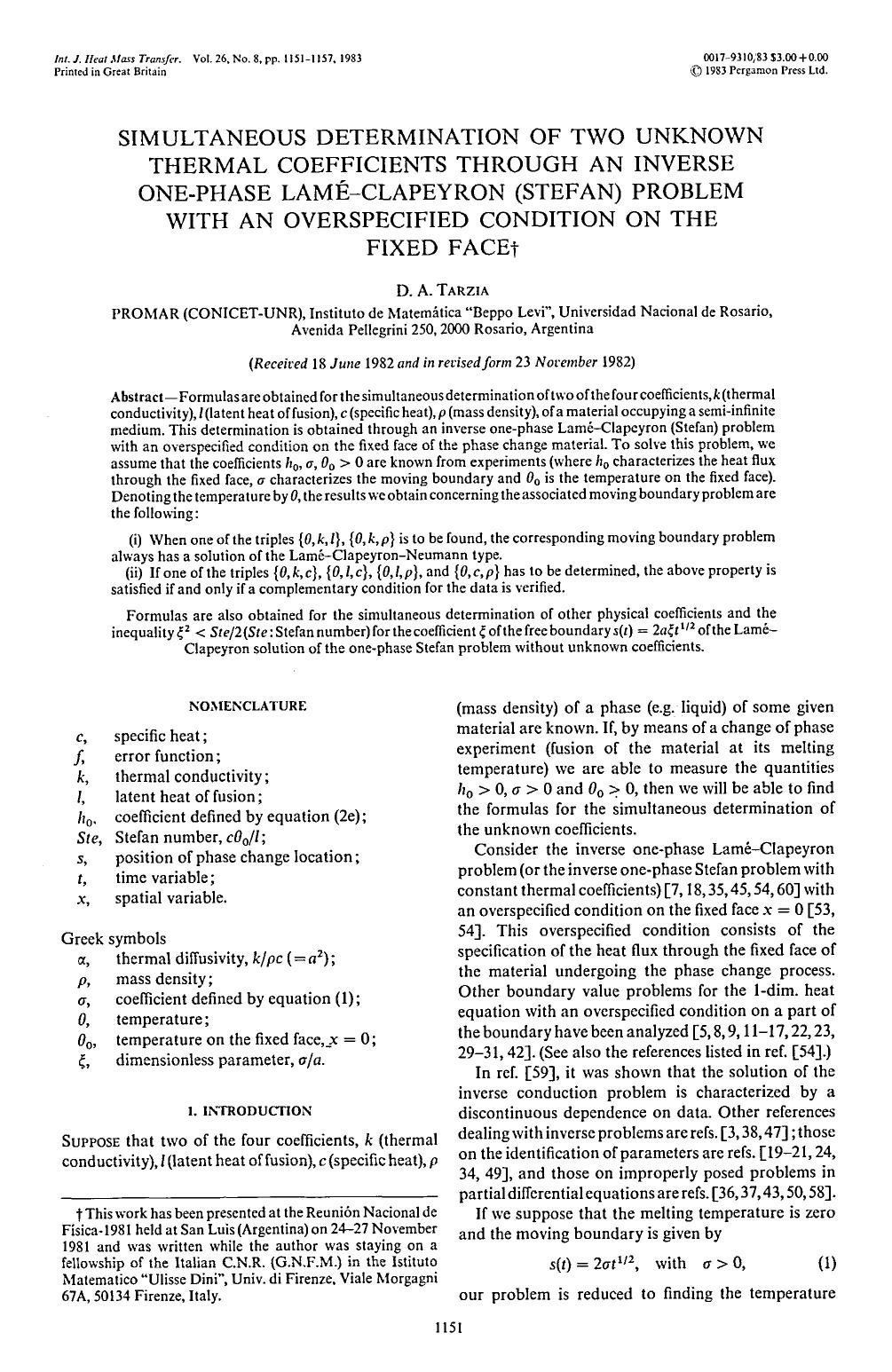 Simultaneous determination of two unknown thermal coefficients through an inverse one-phase LamÃ©-Clapeyron (Stefan) problem with an overspecified condition on the fixed face by D.A. Tarzia