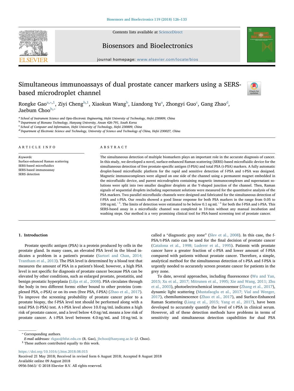 Simultaneous immunoassays of dual prostate cancer markers using a SERS-based microdroplet channel by Rongke Gao & Ziyi Cheng & Xiaokun Wang & Liandong Yu & Zhongyi Guo & Gang Zhao & Jaebum Choo