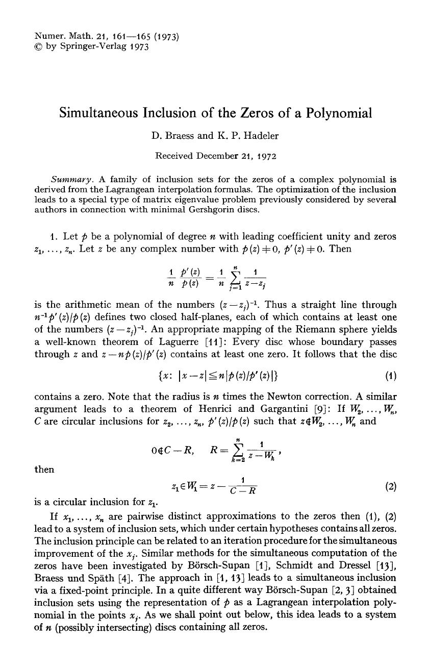 Simultaneous inclusion of the zeros of a polynomial by Unknown