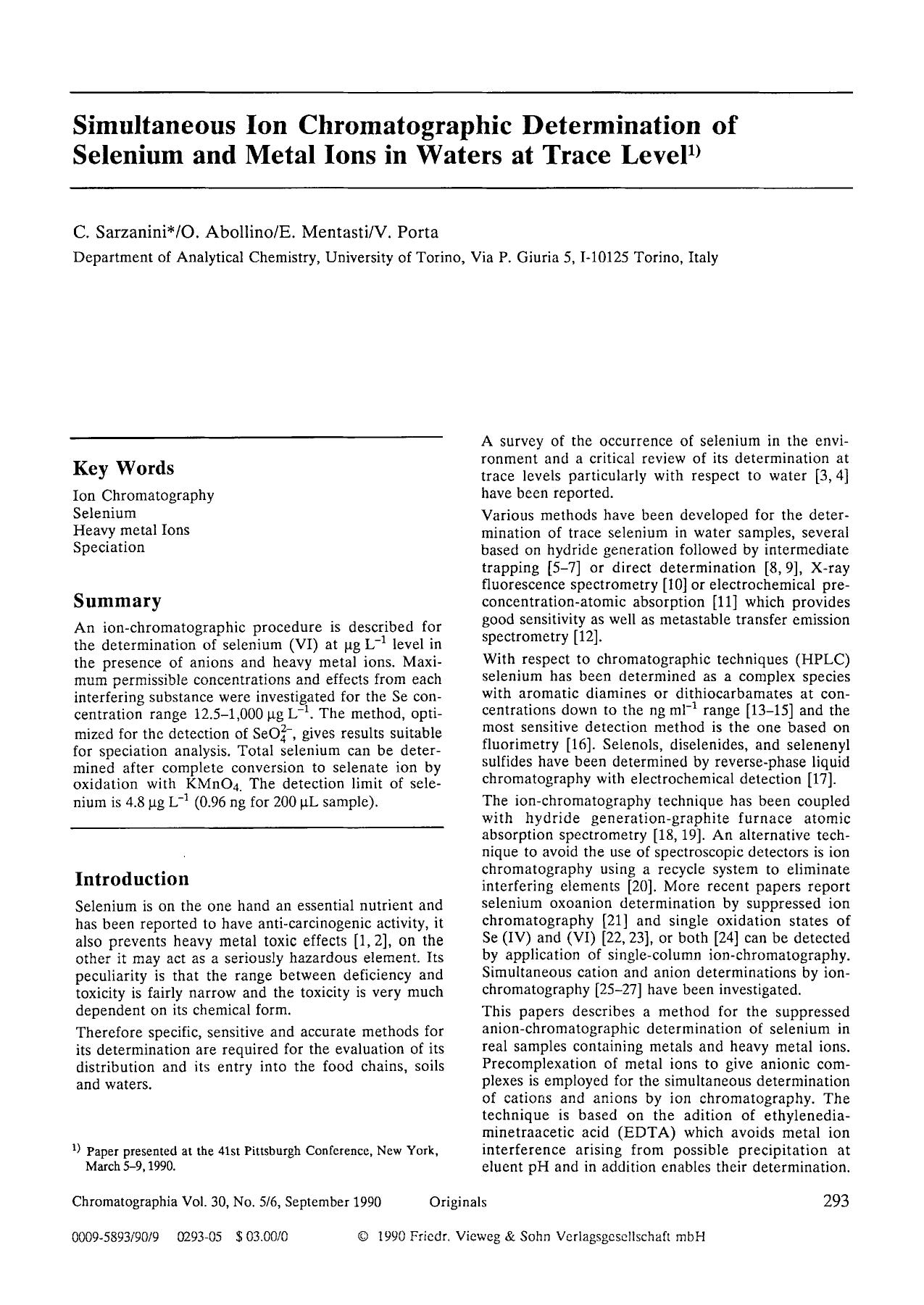 Simultaneous ion chromatographic determination of selenium and metal ions in waters at trace level by Unknown