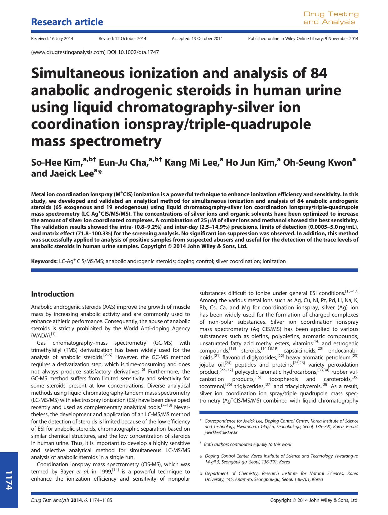 Simultaneous ionization and analysis of 84 anabolic androgenic steroids in human urine using liquid chromatography-silver ion coordination ionspraytriple-quadrupole mass spectrometry by So-Hee Kim & Eun-Ju Cha & Kang Mi Lee & Ho Jun Kim & Oh-Seung Kwon & Jaeick Lee