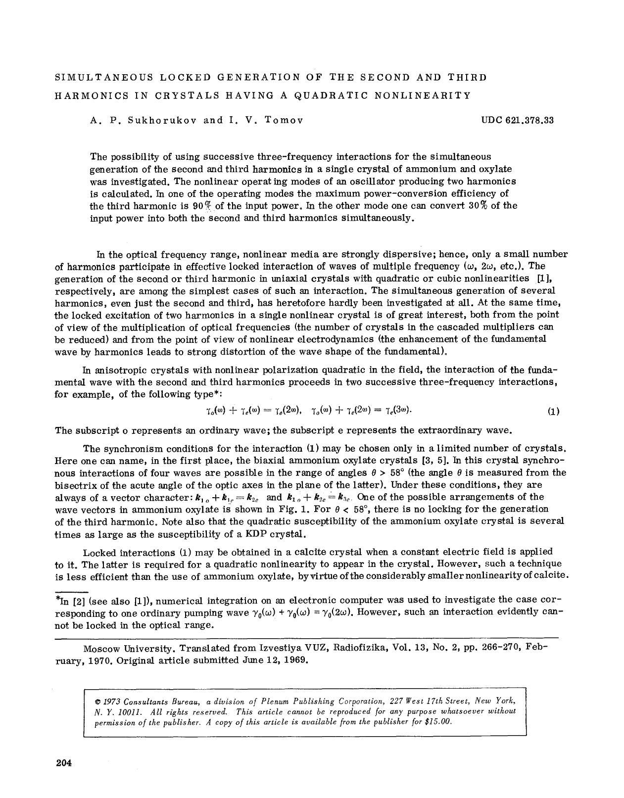 Simultaneous locked generation of the second and third harmonics in crystals having a quadratic nonlinearity by Unknown