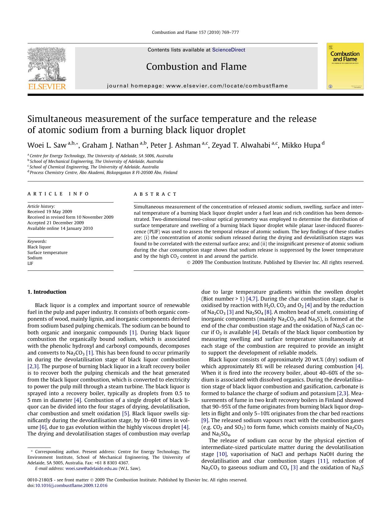 Simultaneous measurement of the surface temperature and the release of atomic sodium from a burning black liquor droplet by Woei L. Saw; Graham J. Nathan; Peter J. Ashman; Zeyad T. Alwahabi; Mikko Hupa