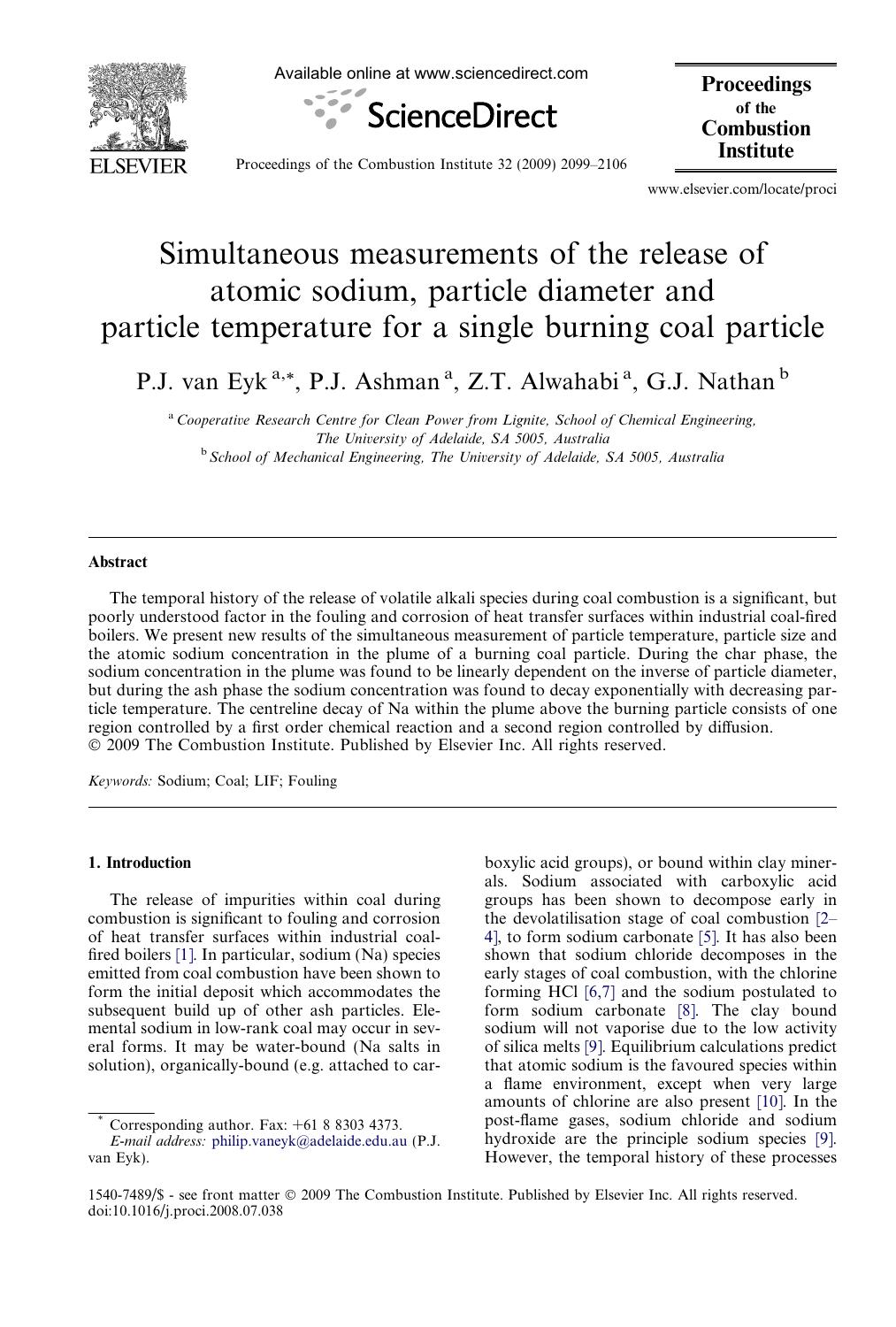 Simultaneous measurements of the release of atomic sodium, particle diameter and particle temperature for a single burning coal particle by P.J. van Eyk; P.J. Ashman; Z.T. Alwahabi; G.J. Nathan