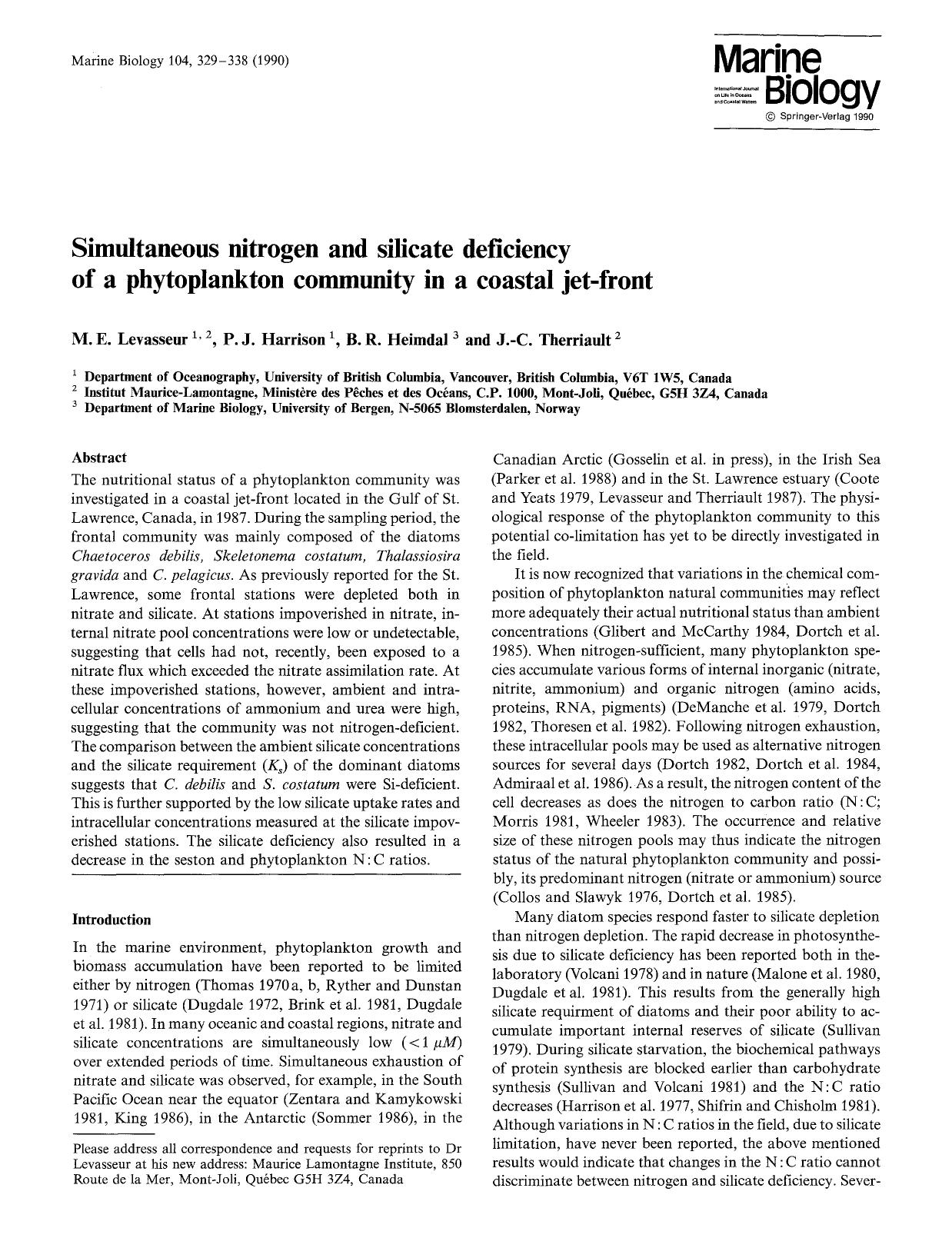 Simultaneous nitrogen and silicate deficiency of a phytoplankton community in a coastal jet-front by Unknown