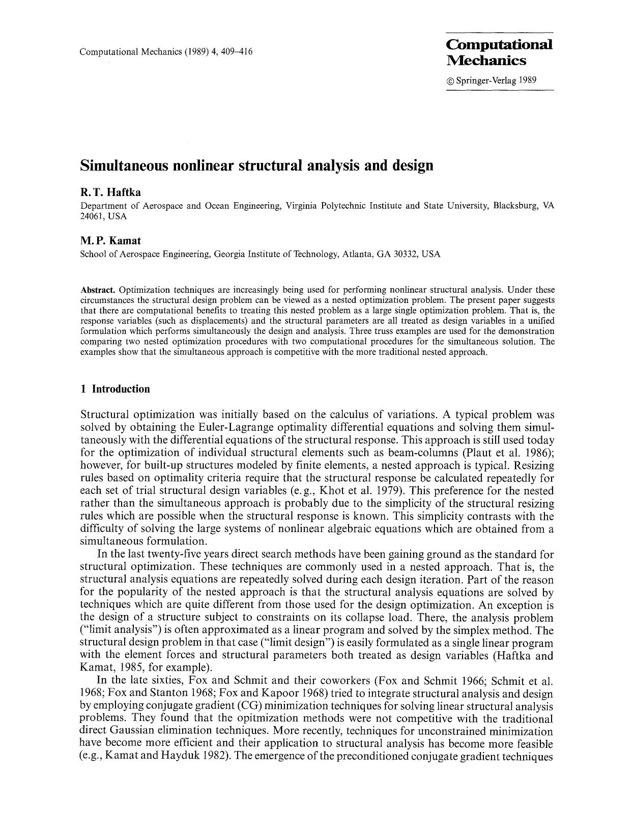 Simultaneous nonlinear structural analysis and design by Unknown