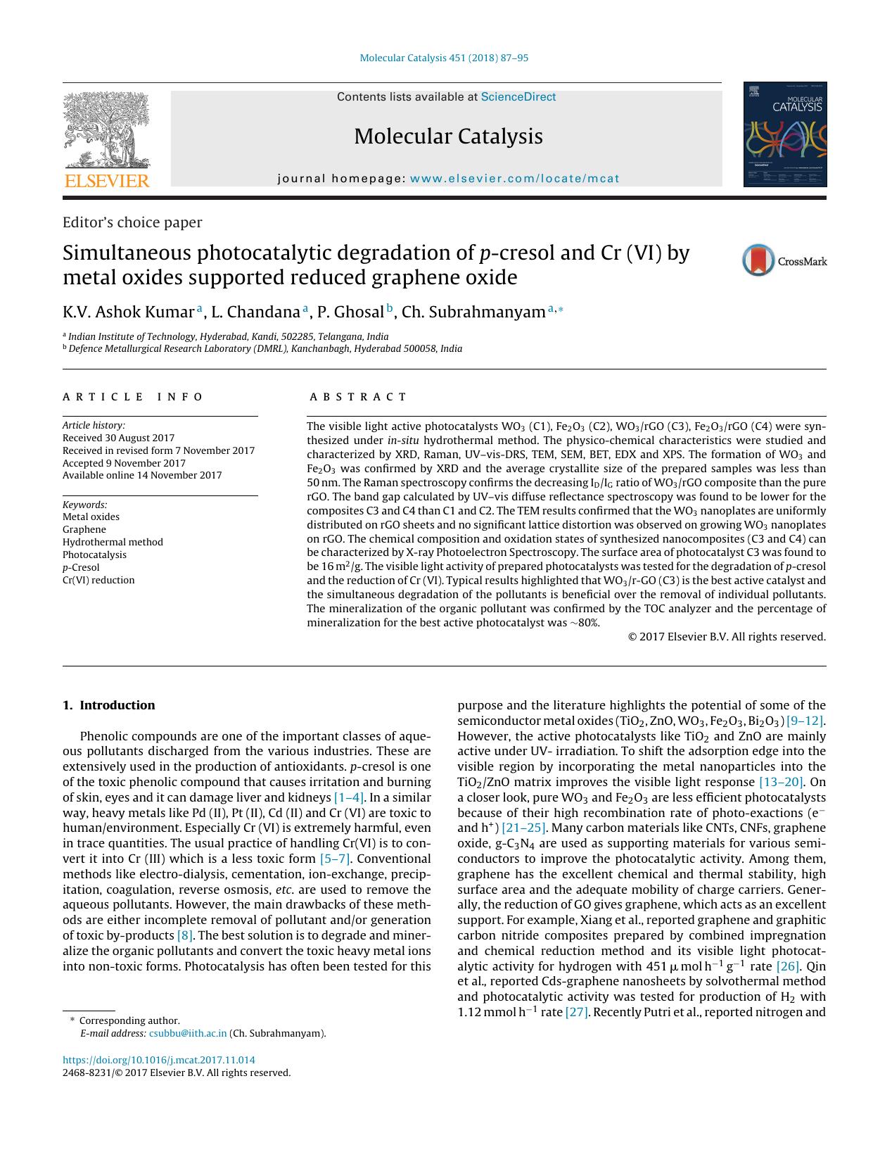 Simultaneous photocatalytic degradation of p-cresol and Cr (VI) by metal oxides supported reduced graphene oxide by K.V. Ashok Kumar & L. Chandana & P. Ghosal & Ch. Subrahmanyam
