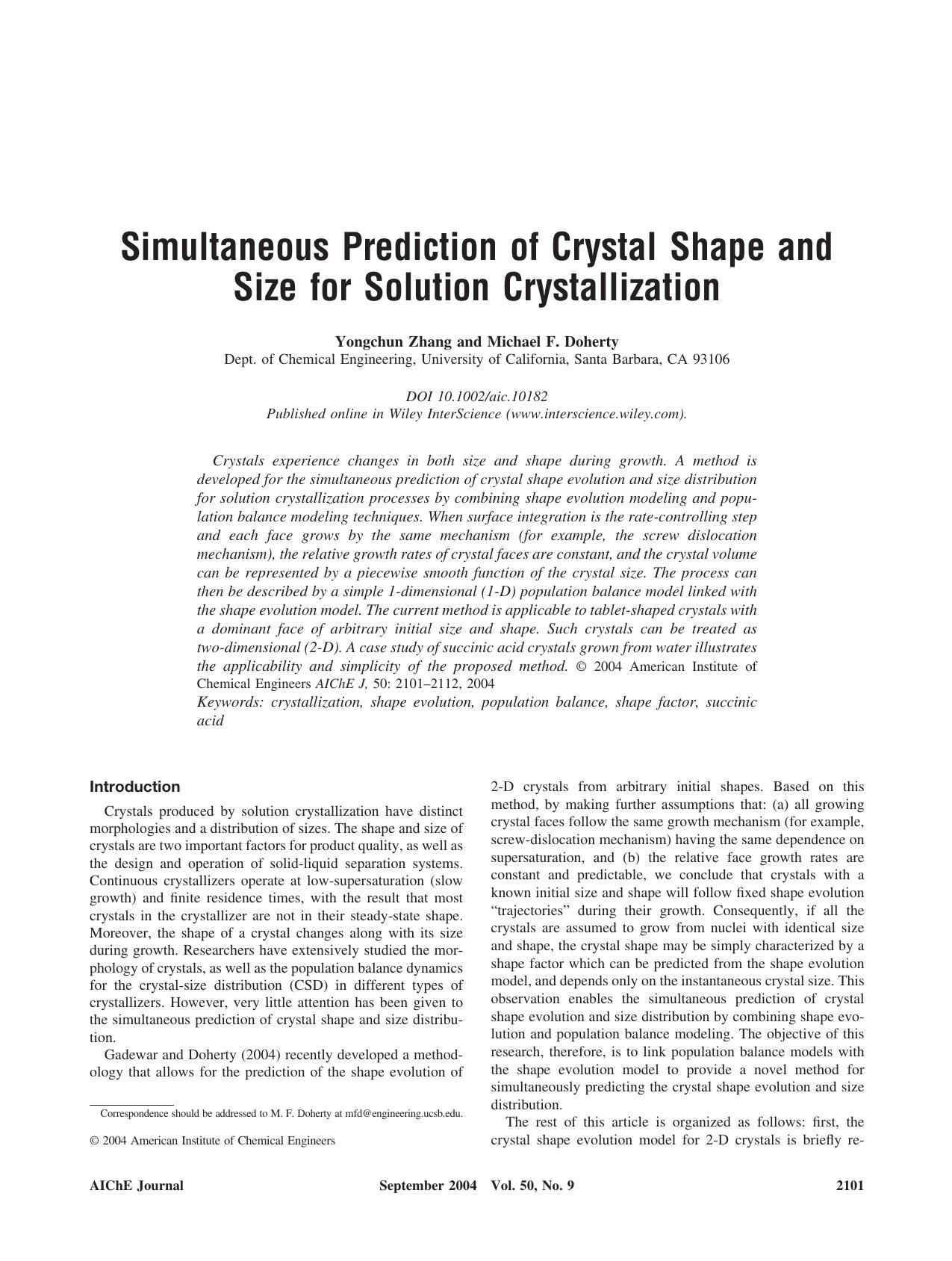 Simultaneous prediction of crystal shape and size for solution crystallization by Unknown