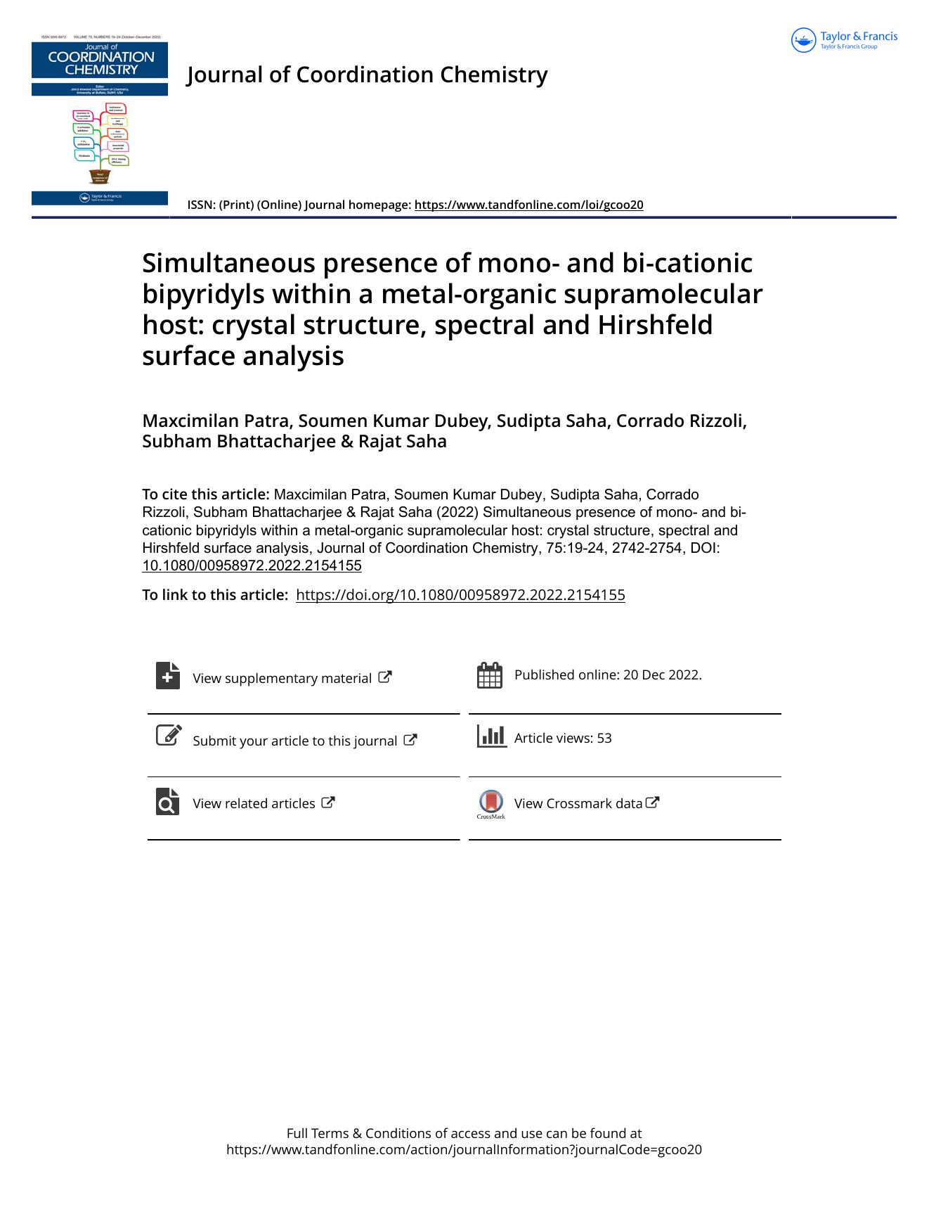 Simultaneous presence of mono- and bi-cationic bipyridyls within a metal-organic supramolecular host: crystal structure, spectral and Hirshfeld surface analysis by unknow