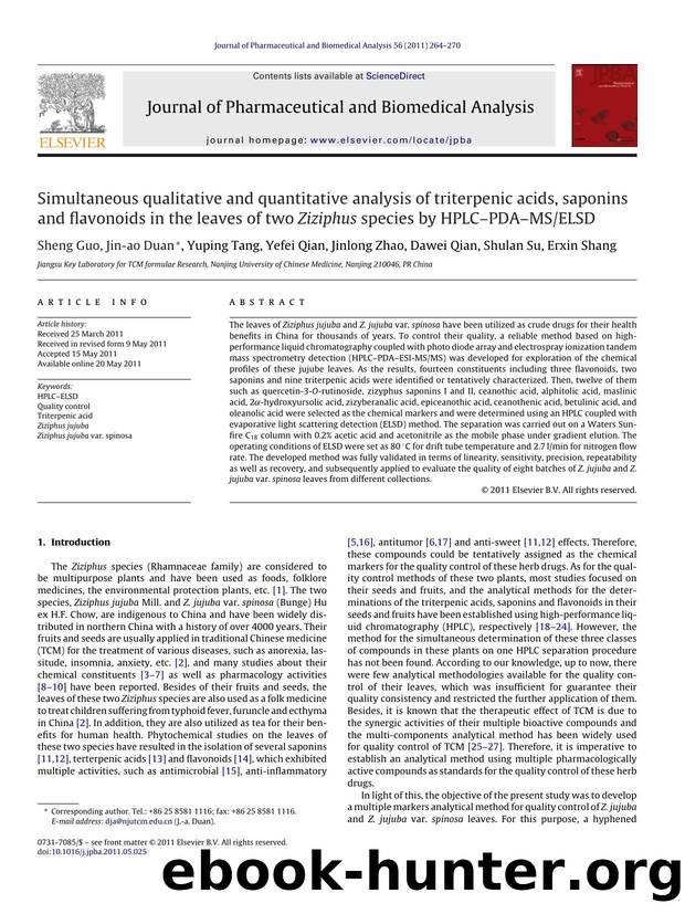 Simultaneous qualitative and quantitative analysis of triterpenic acids, saponins and flavonoids in the leaves of two Ziziphus species by HPLCÃ¢â¬âPDAÃ¢â¬âMSELSD by Sheng Guo