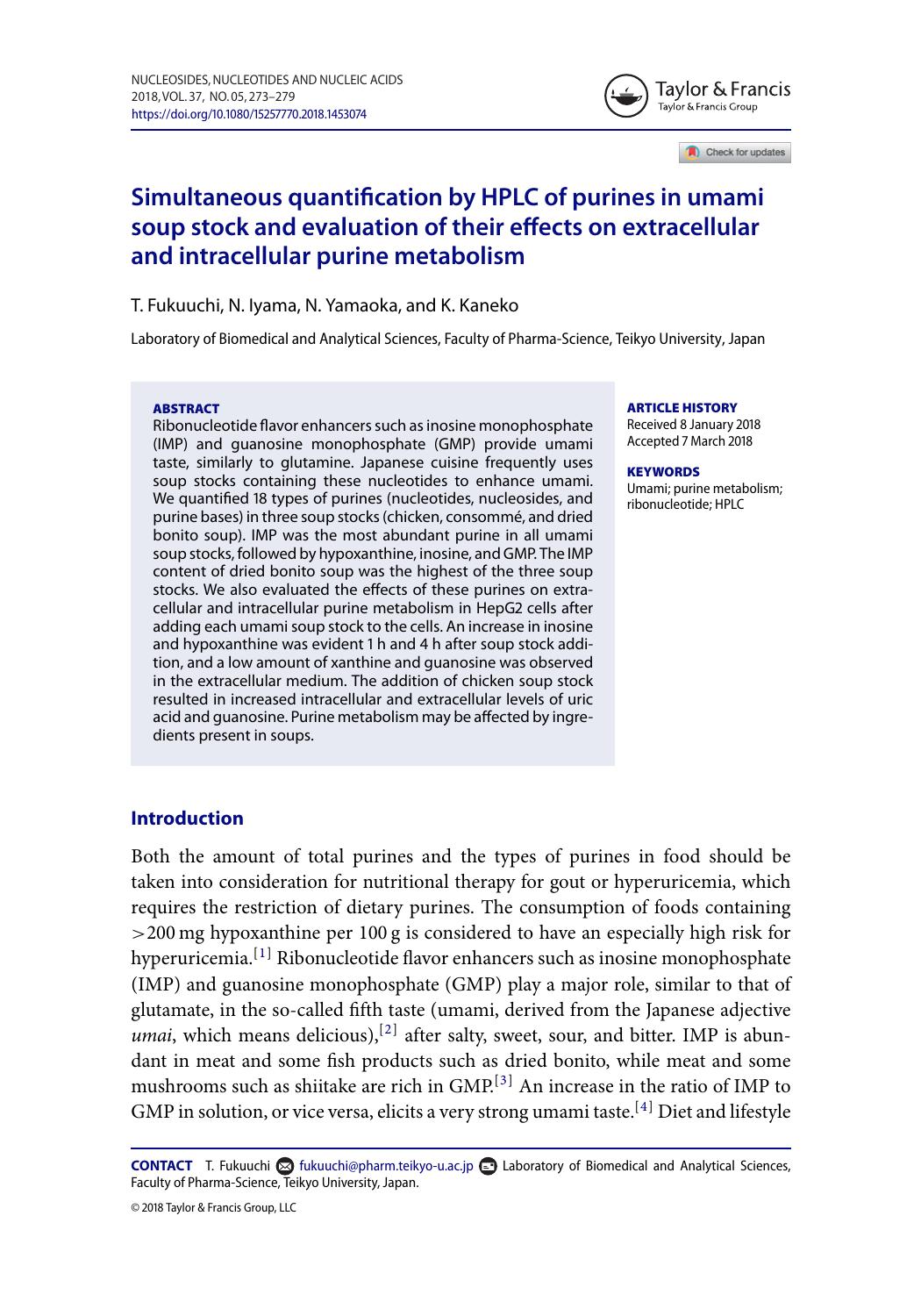 Simultaneous quantification by HPLC of purines in umami soup stock and evaluation of their effects on extracellular and intracellular purine metabolism by T. Fukuuchi & N. Iyama & N. Yamaoka & K. Kaneko