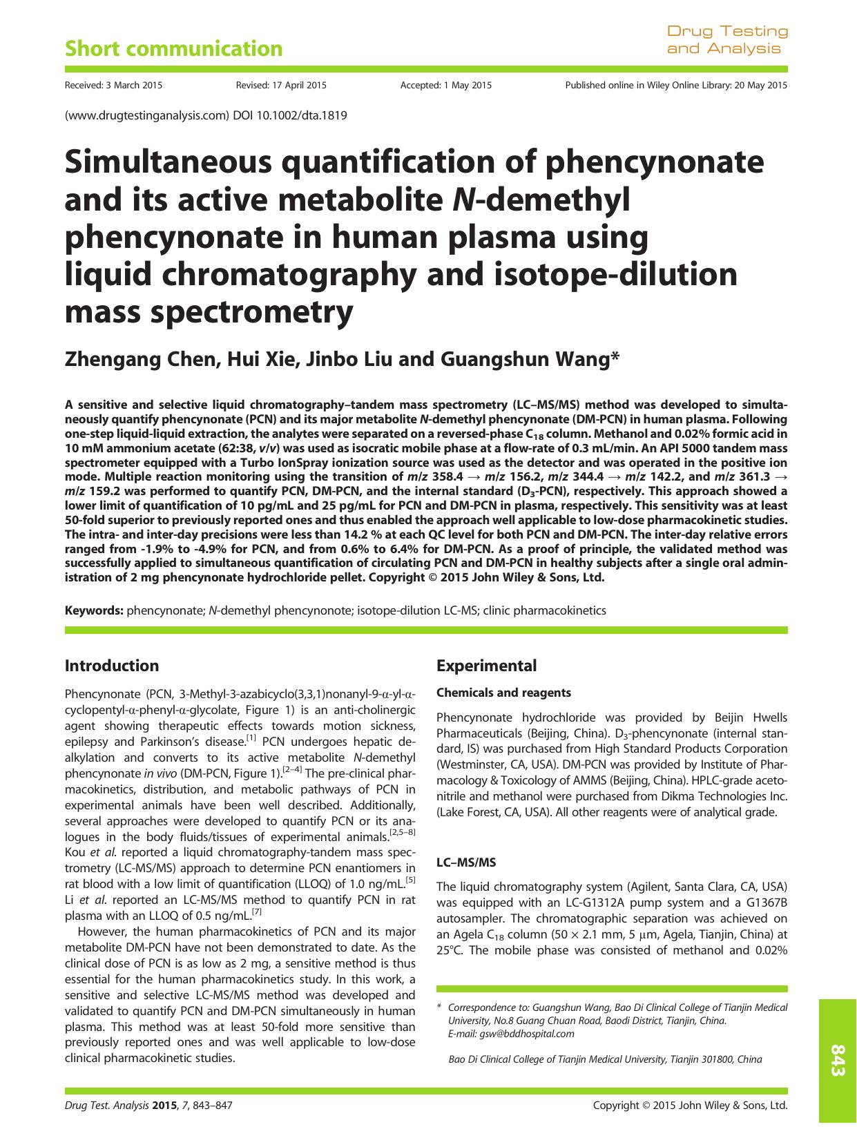 Simultaneous quantification of phencynonate and its active metabolite N-demethyl phencynonate in human plasma using liquid chromatography and isotope-dilution mass spectrometry by Zhengang Chen Hui Xie Jinbo Liu Guangshun Wang
