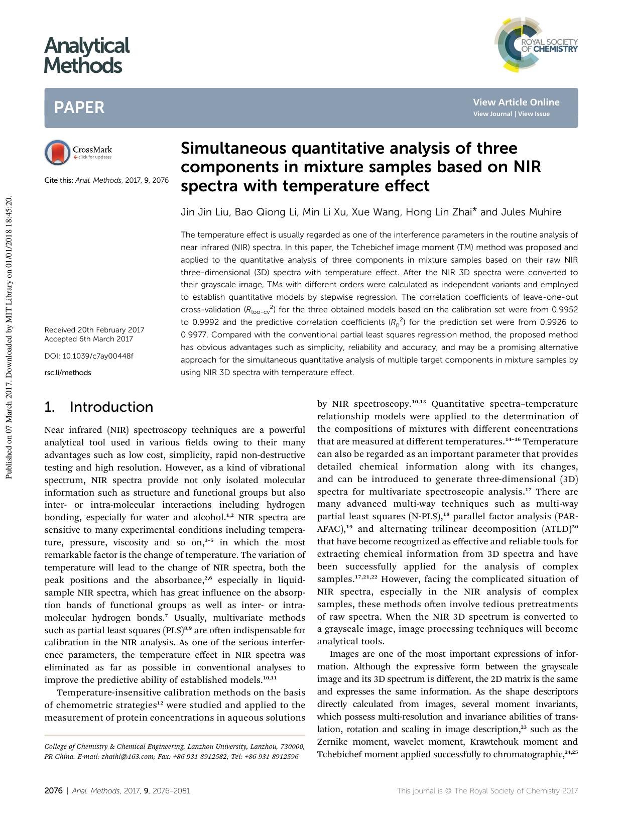 Simultaneous quantitative analysis of three components in mixture samples based on NIR spectra with temperature effect by Jin Jin Liu & Bao Qiong Li & Min Li Xu & Xue Wang & Hong Lin Zhai & Jules Muhire