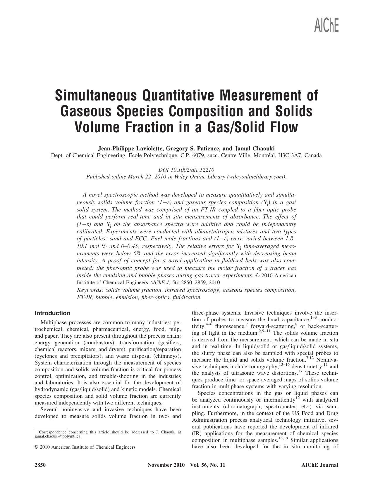 Simultaneous quantitative measurement of gaseous species composition and solids volume fraction in a gassolid flow by Unknown