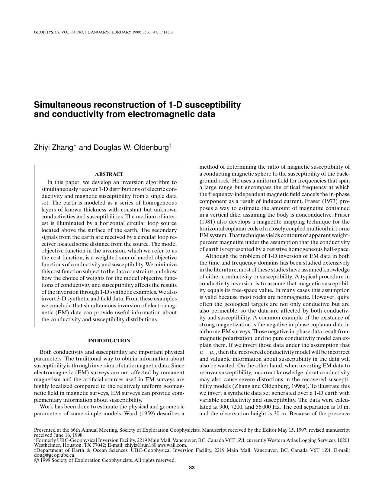 Simultaneous reconstruction of 1-D susceptibility and conductivity from electromagnetic data by Z. Zhang D. W. Oldenburg