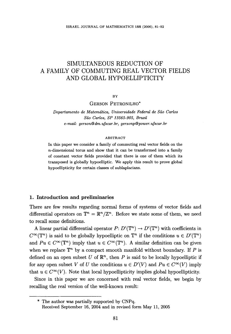 Simultaneous reduction of a family of commuting real vector fields and global hypoellipticity by Unknown