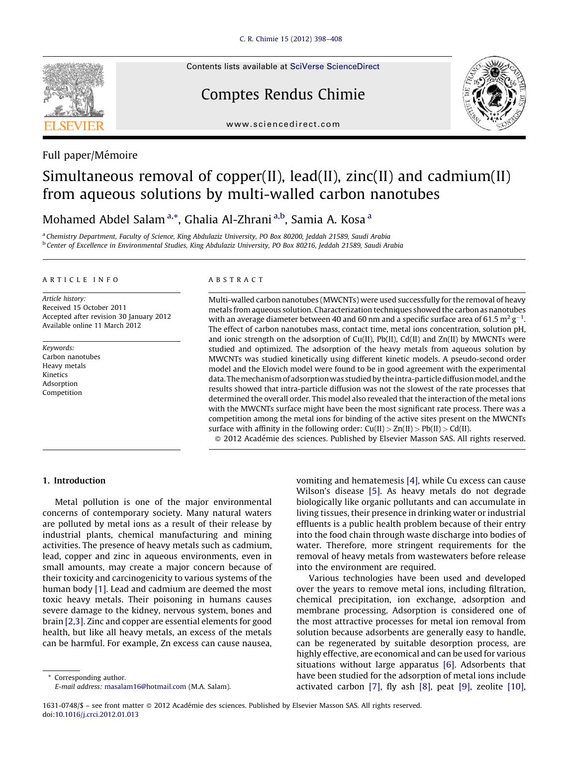 Simultaneous removal of copper(II), lead(II), zinc(II) and cadmium(II) from aqueous solutions by multi-walled carbon nanotubes by Mohamed Abdel Salam