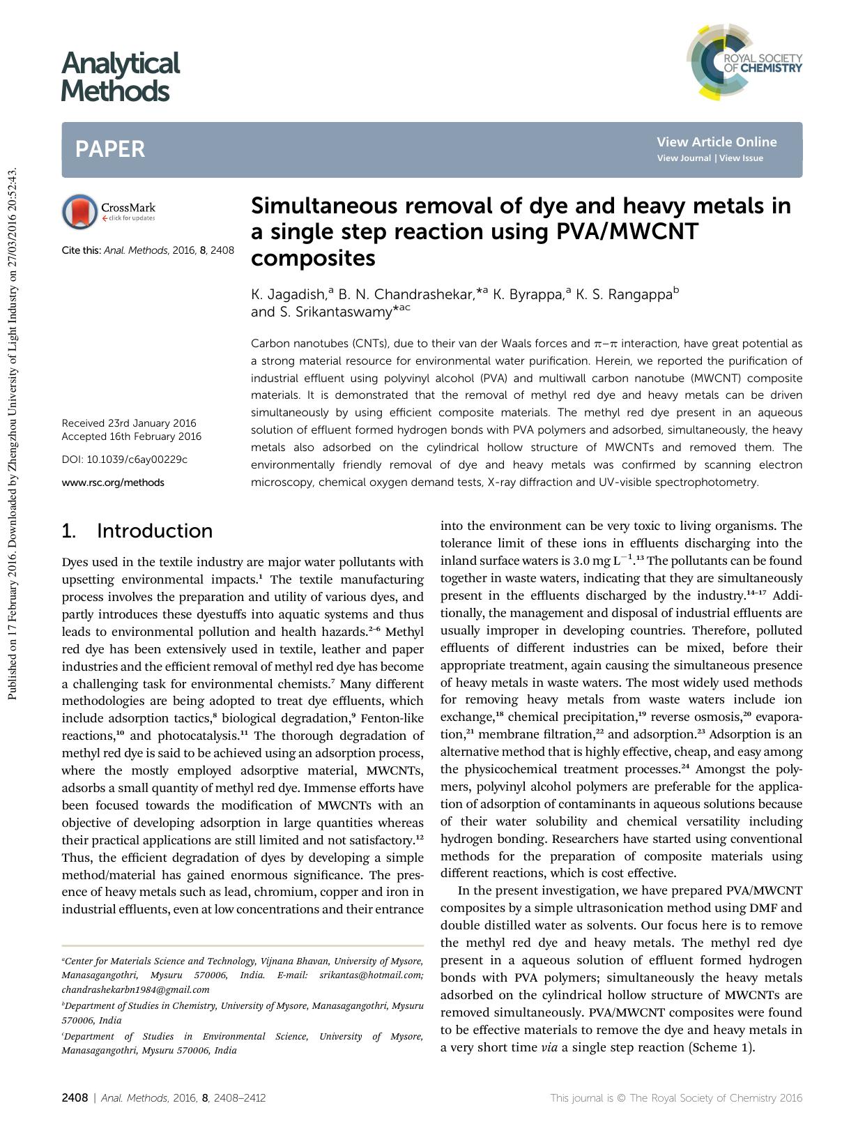 Simultaneous removal of dye and heavy metals in a single step reaction using PVAMWCNT composites by K. Jagadish & B. N. Chandrashekar & K. Byrappa & K. S. Rangappa & S. Srikantaswamy
