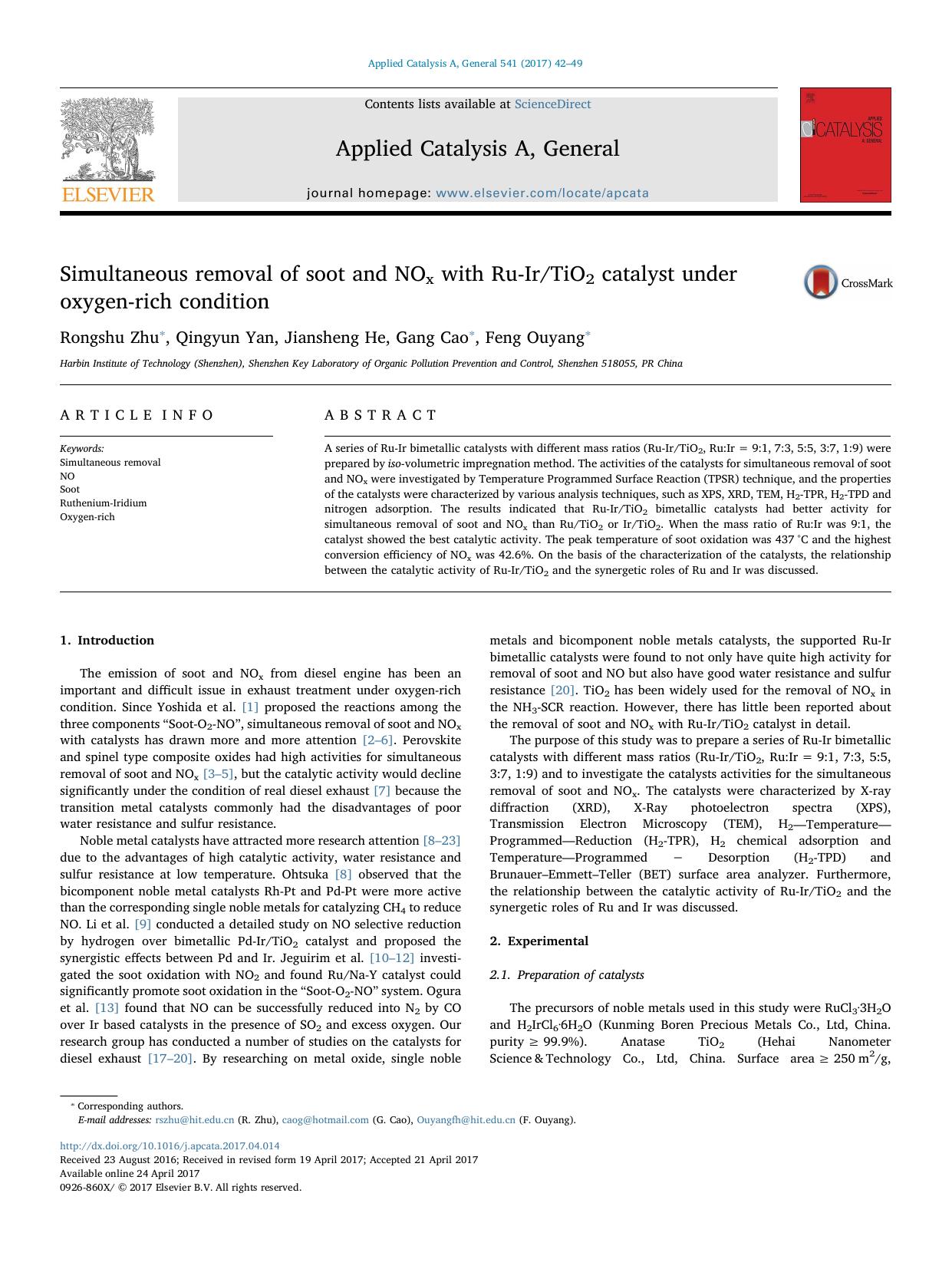 Simultaneous removal of soot and NOx with Ru-IrTiO2 catalyst under oxygen-rich condition by Rongshu Zhu & Qingyun Yan & Jiansheng He & Gang Cao & Feng Ouyang