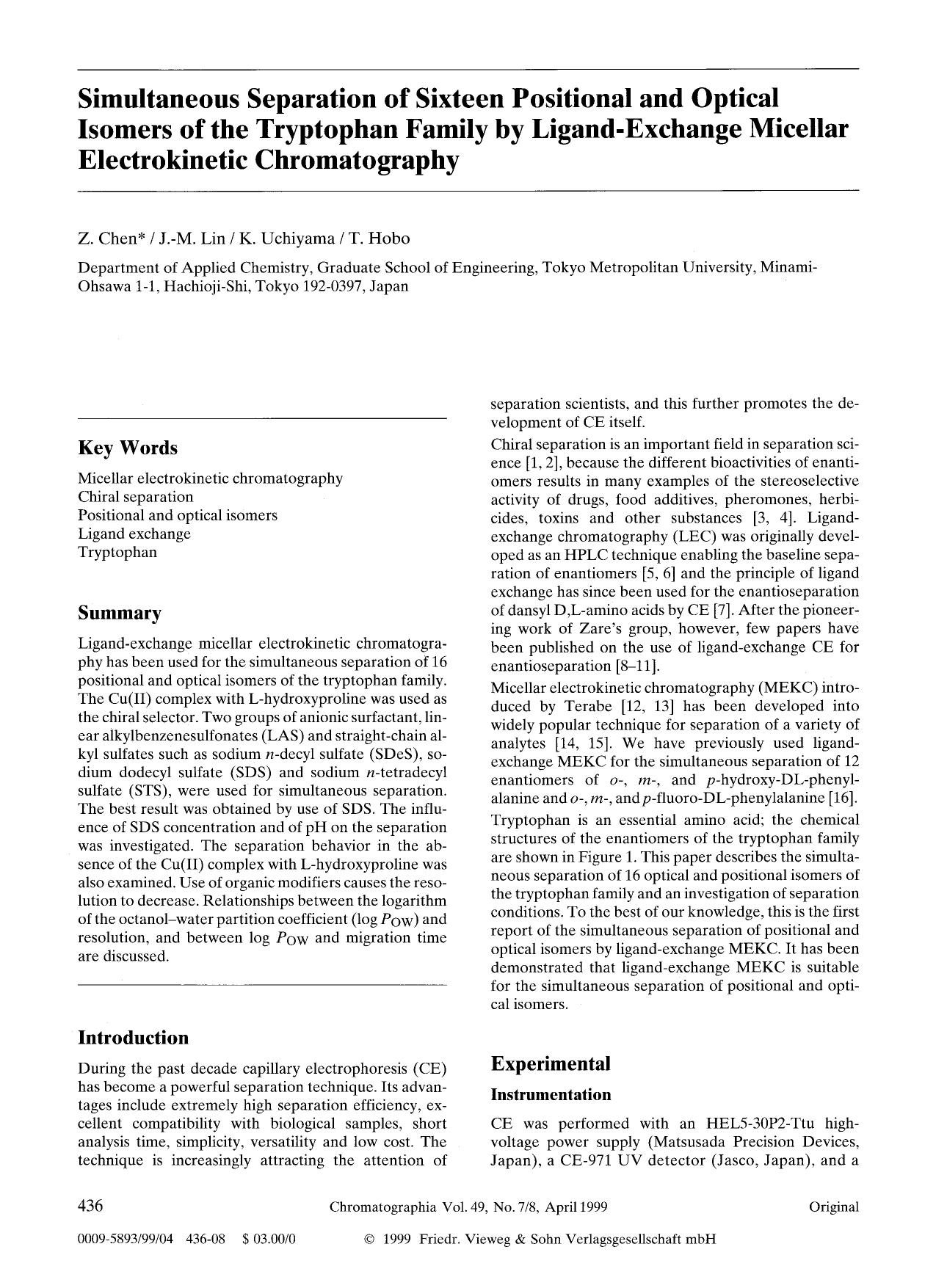 Simultaneous separation of sixteen positional and optical isomers of the tryptophan family by ligand-exchange micellar electrokinetic chromatography by Unknown