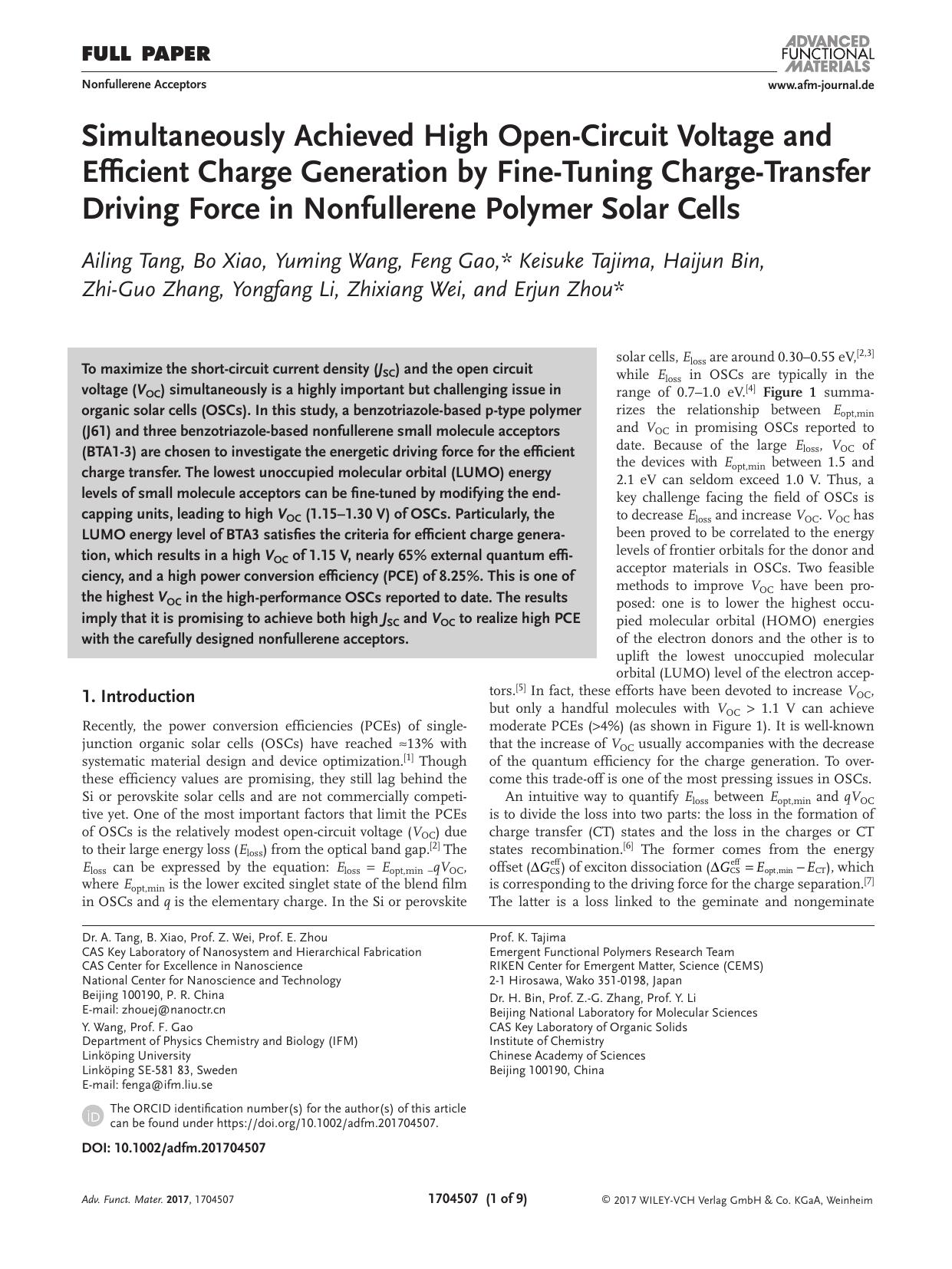 Simultaneously Achieved High Open‐Circuit Voltage and Efficient Charge Generation by Fine‐Tuning Charge‐Transfer Driving Force in Nonfullerene Polymer Solar Cells by Unknown