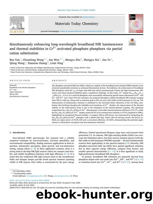 Simultaneously enhancing long-wavelength broadband NIR luminescence and thermal stabilities in Cr3+-activated phosphate phosphors via partial cation substitution by unknow